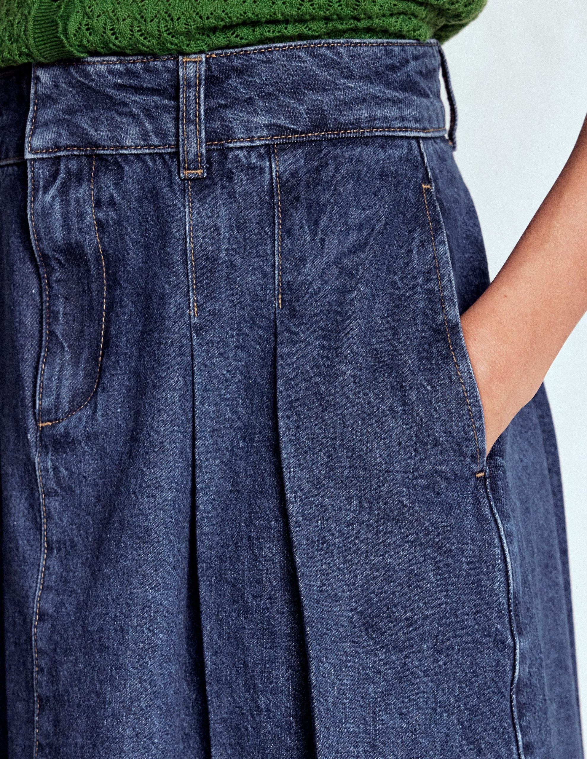 Pleated Denim Skirt-Mid Wash - Image 2
