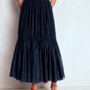 Anna Tulle Midi Skirt-Navy Flocked Spot