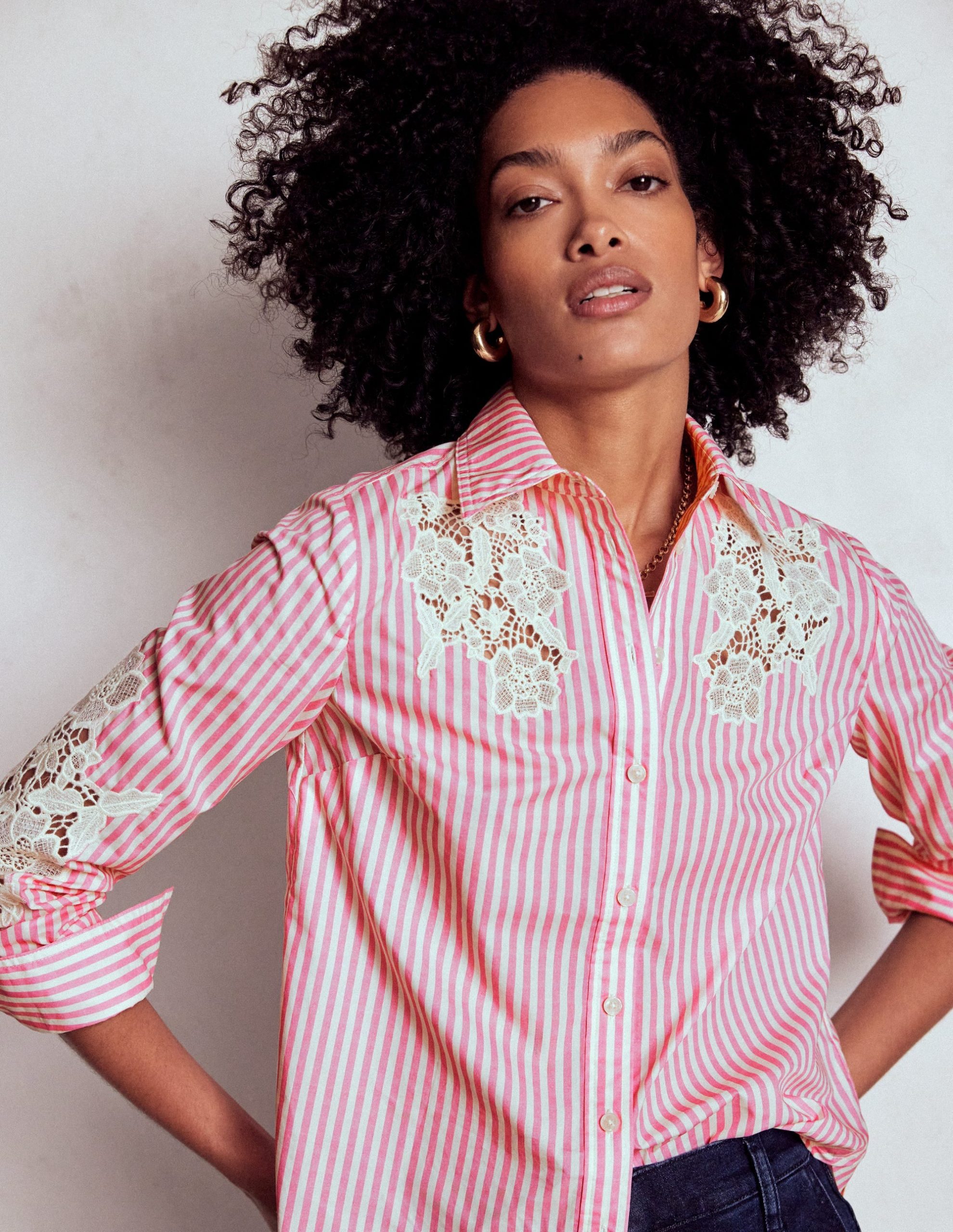 Sienna Interest Cotton Shirt-Pink and Ivory Cutwork Stripe