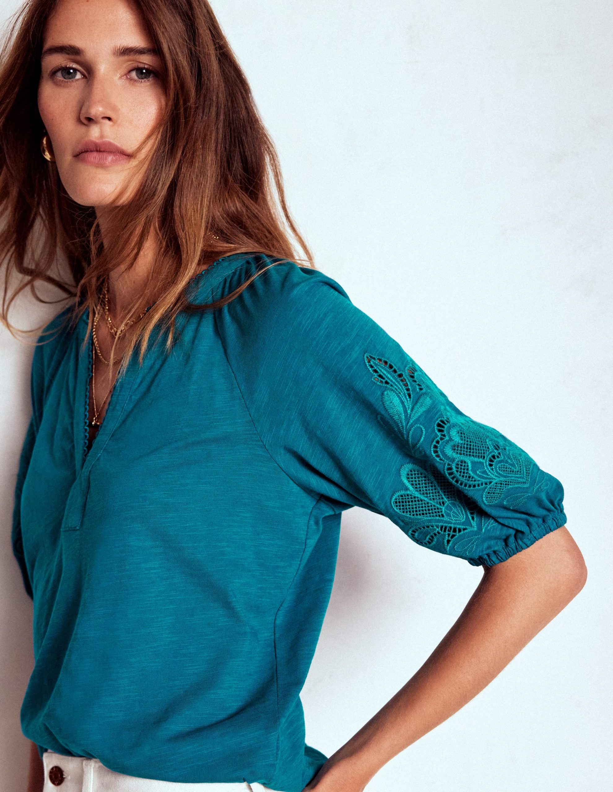Cutwork Notch Neck Top-Deep Sea Green