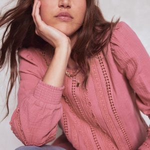 Trim Interest Double Cloth Top-Pink Heather