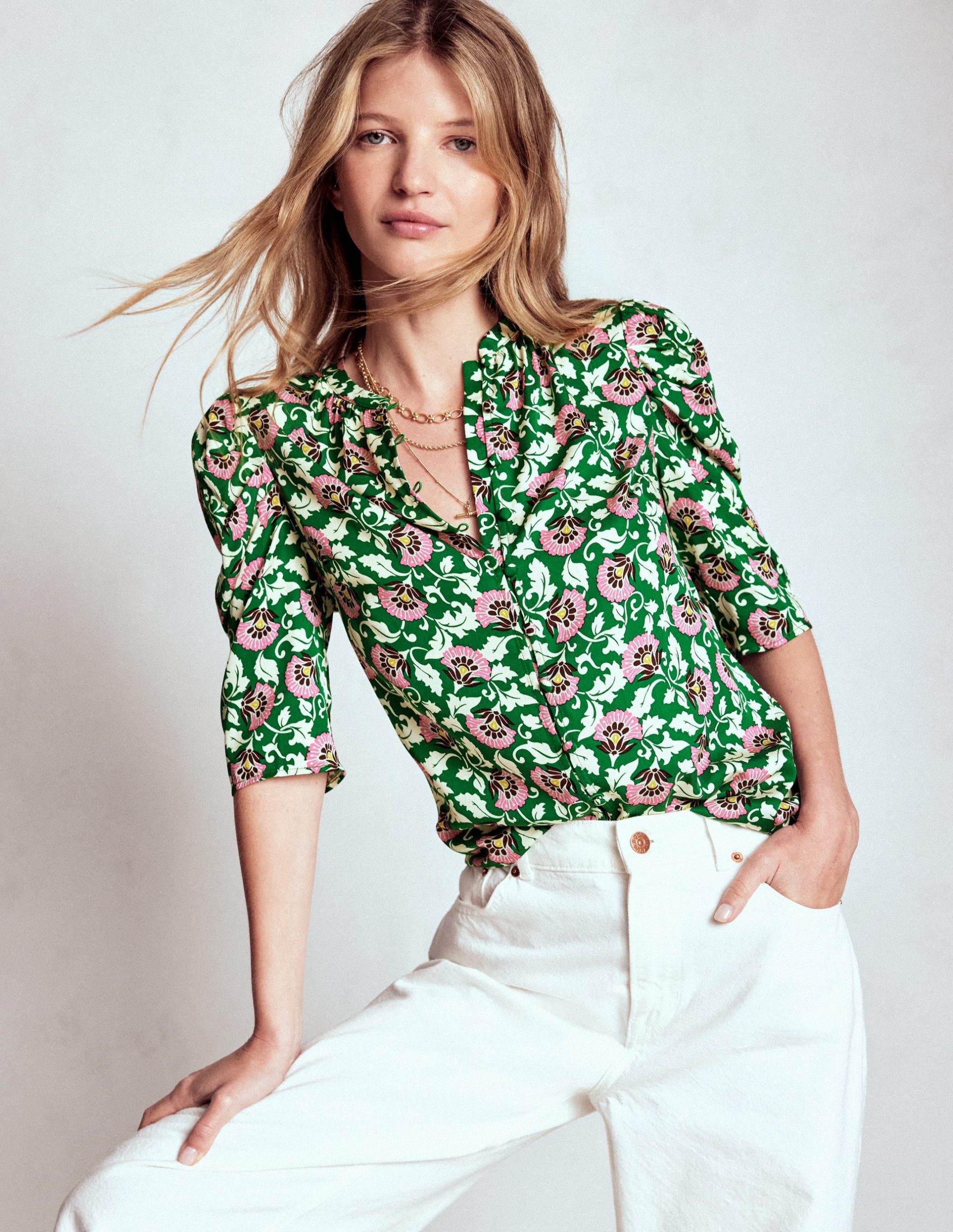 Mutton Sleeve Smart Top-Rich Emerald. Ornate Vine