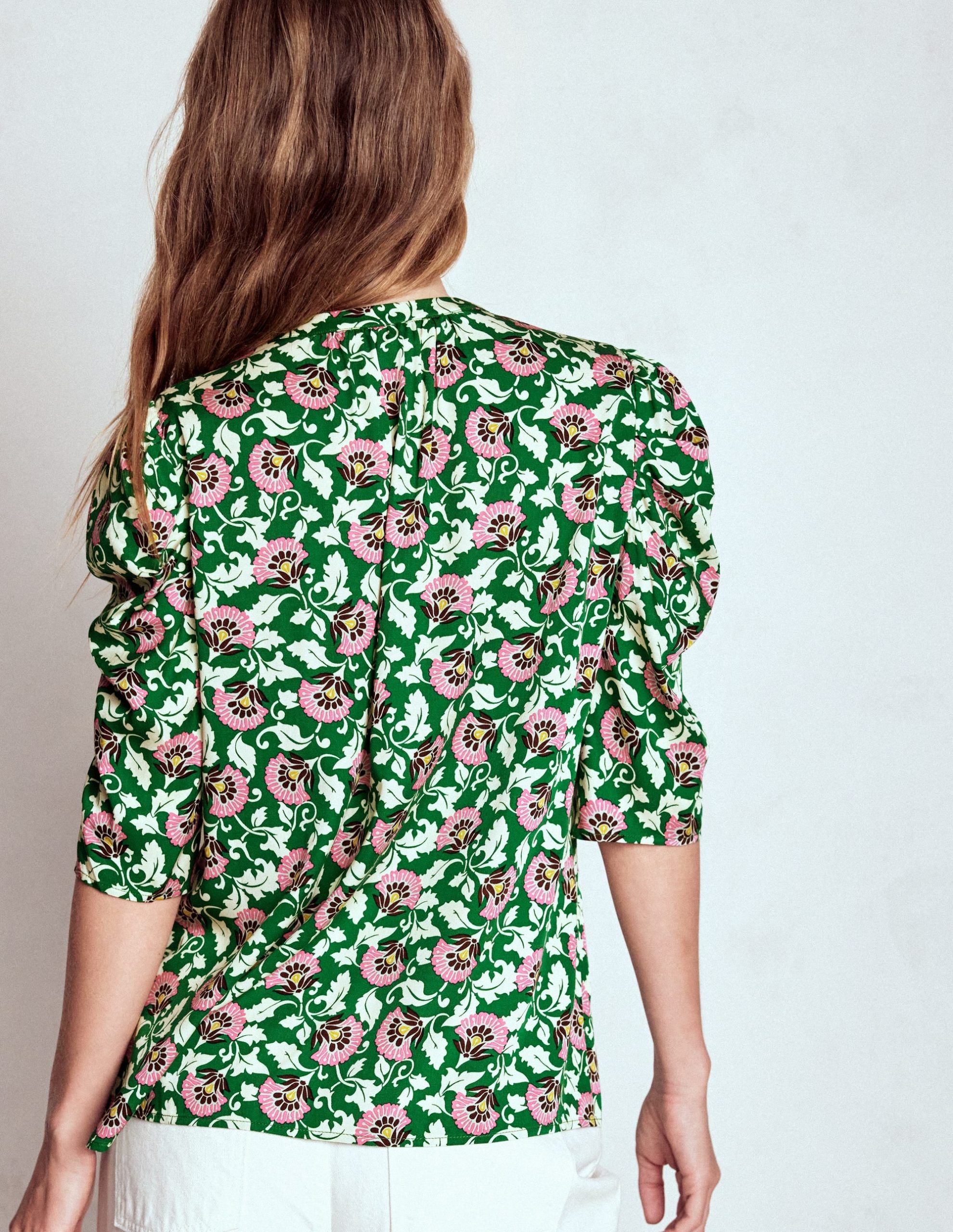 Mutton Sleeve Smart Top-Rich Emerald. Ornate Vine - Image 3