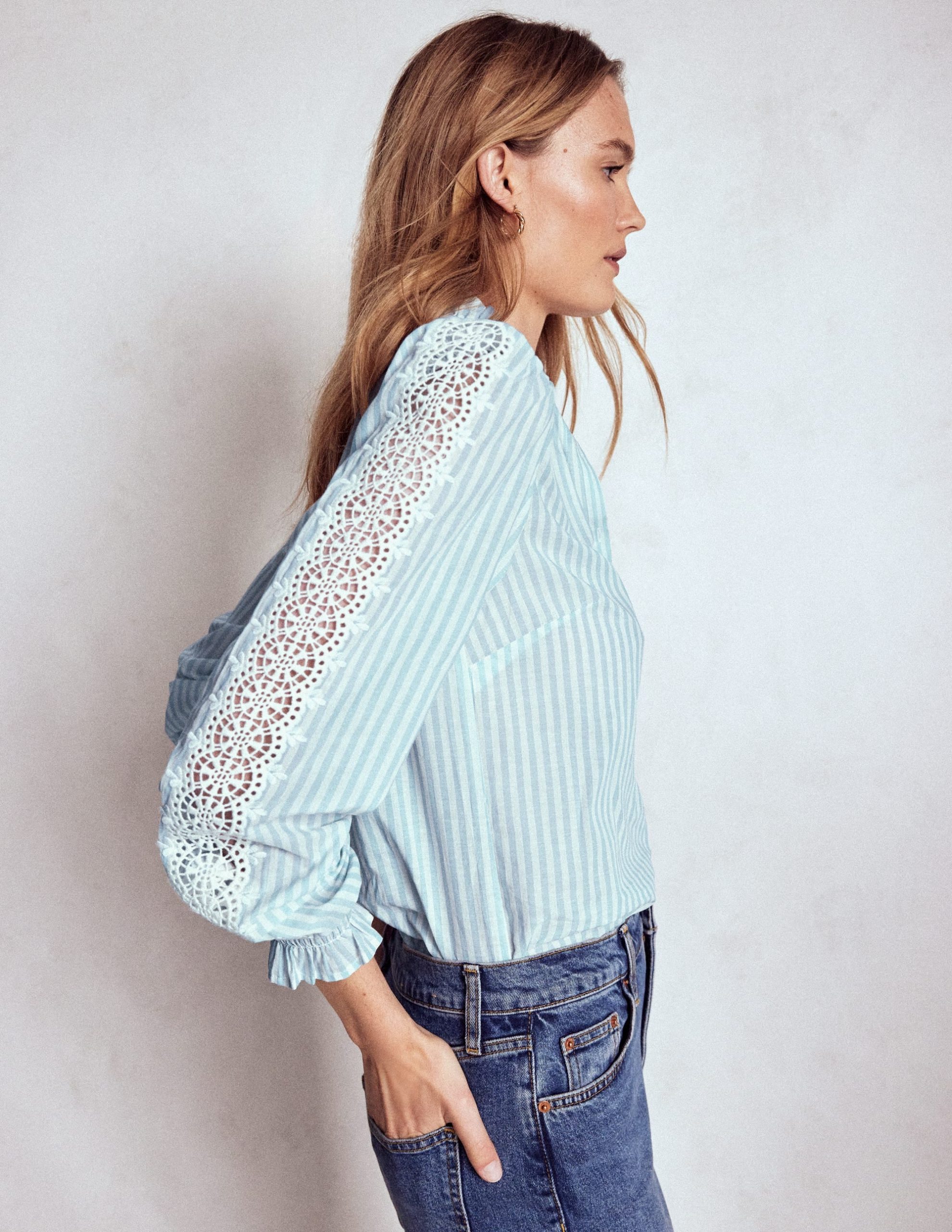 Lorna Pleated Cotton Top-Blue and Ivory Stripe - Image 2