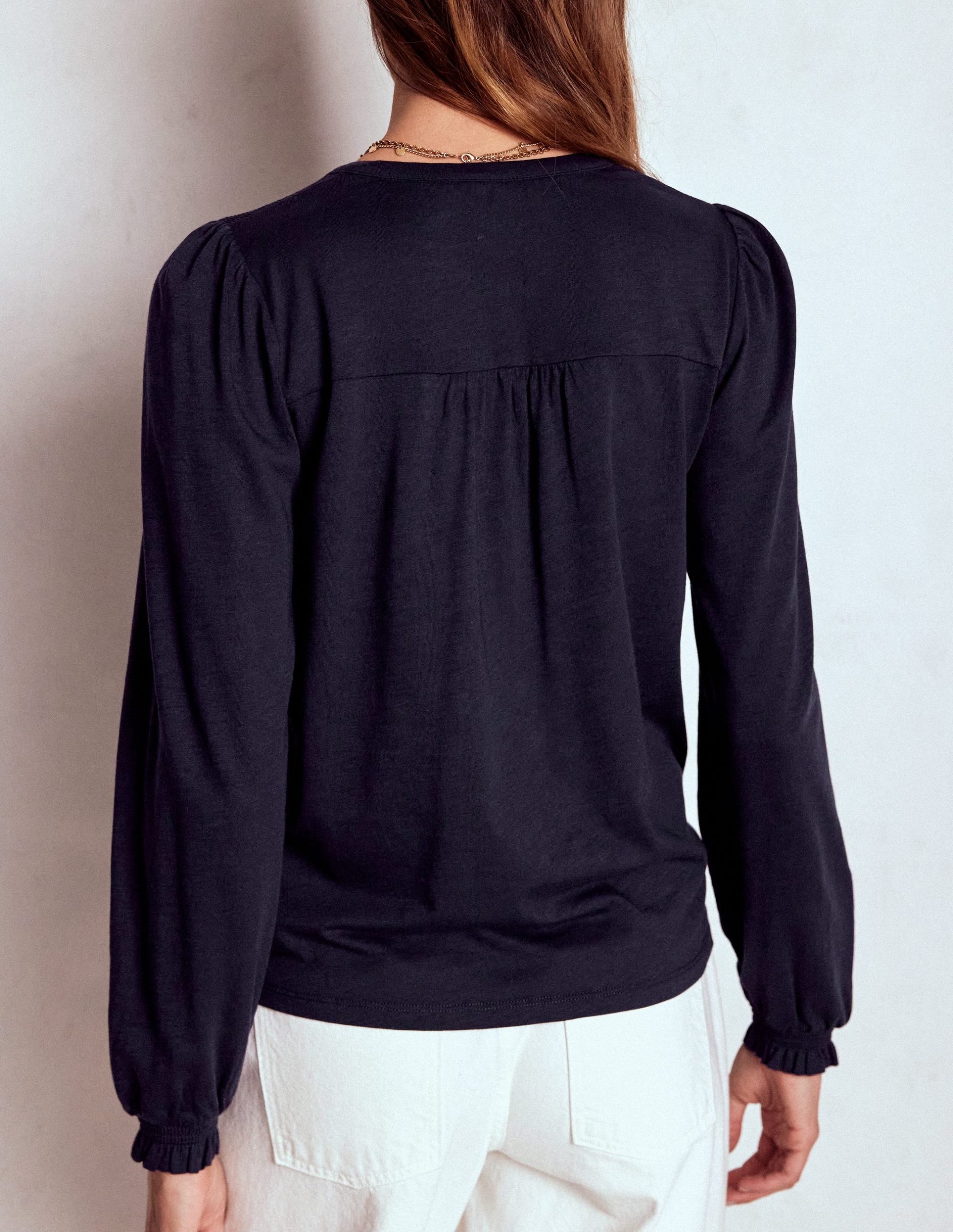 Elsa Smocked Yoke Jersey Shirt-Navy - Image 3