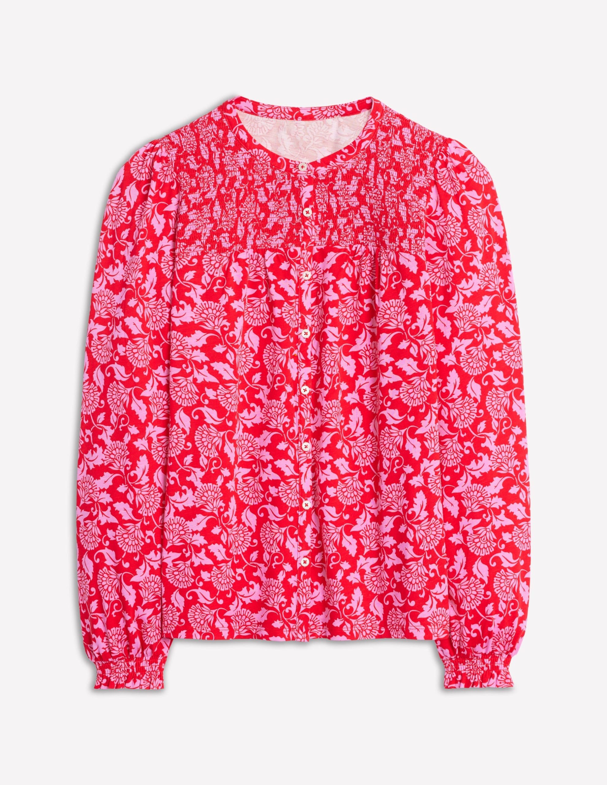 Elsa Smocked Yoke Jersey Shirt-Poppy Red. Ornate Vine - Image 5