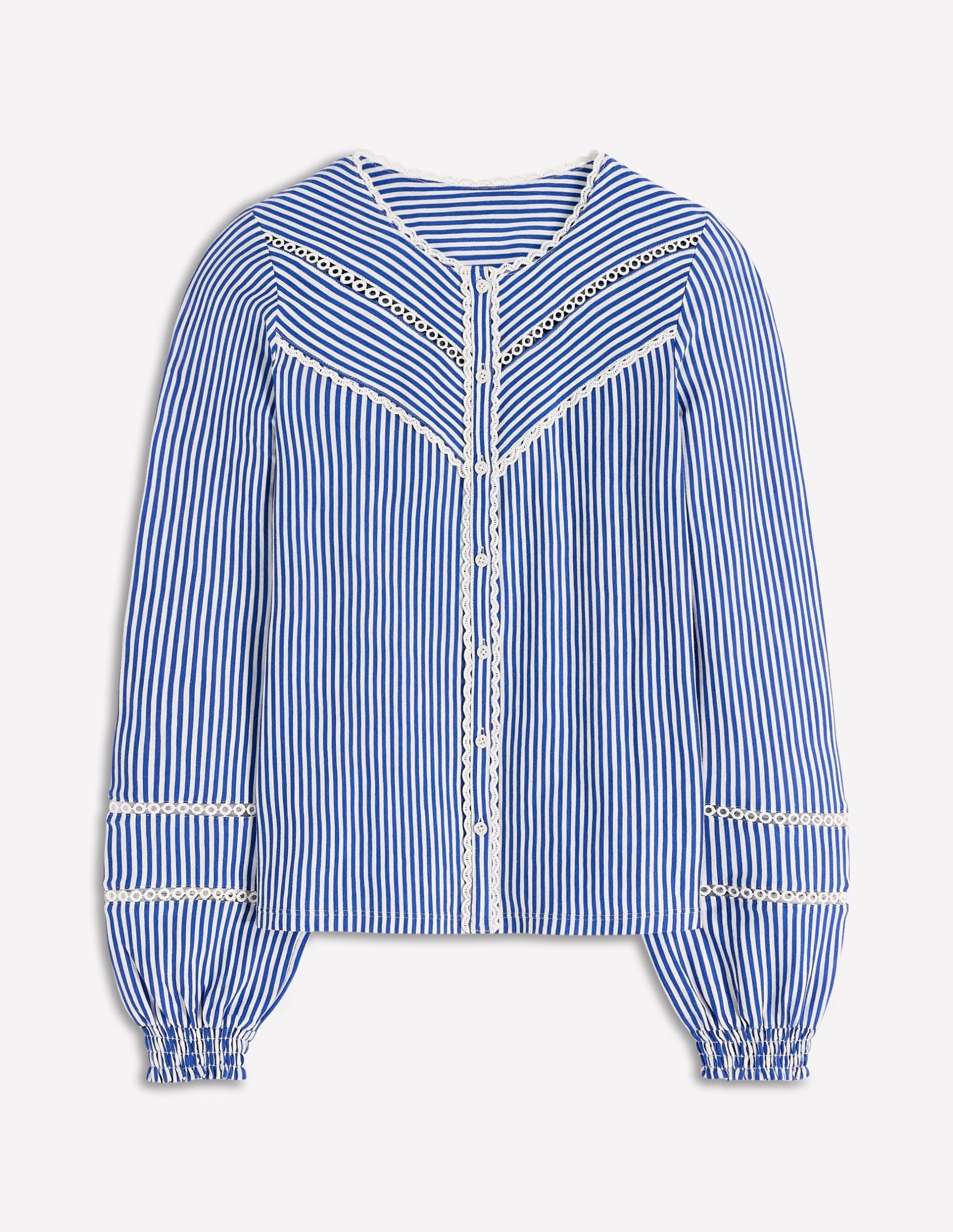 Trim Detail Jersey Shirt-Bright Blue. Ivory Stripe - Image 6