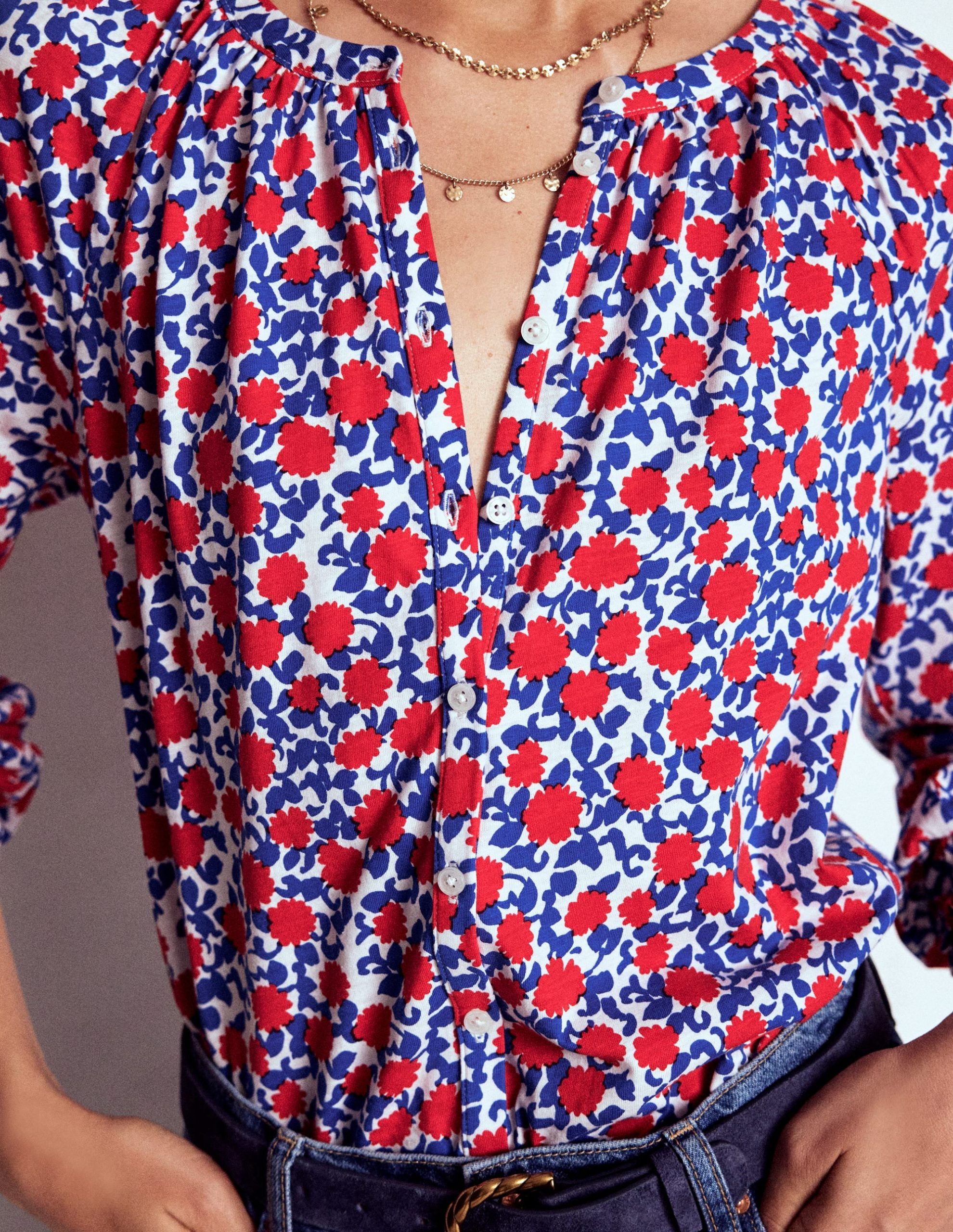 Isla Long Sleeve Jersey Shirt-Poppy Red. Floweret Vine - Image 2