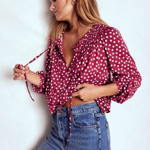 Georgia Smocked Jersey Top-Chestnut. Ivory Painted Dot