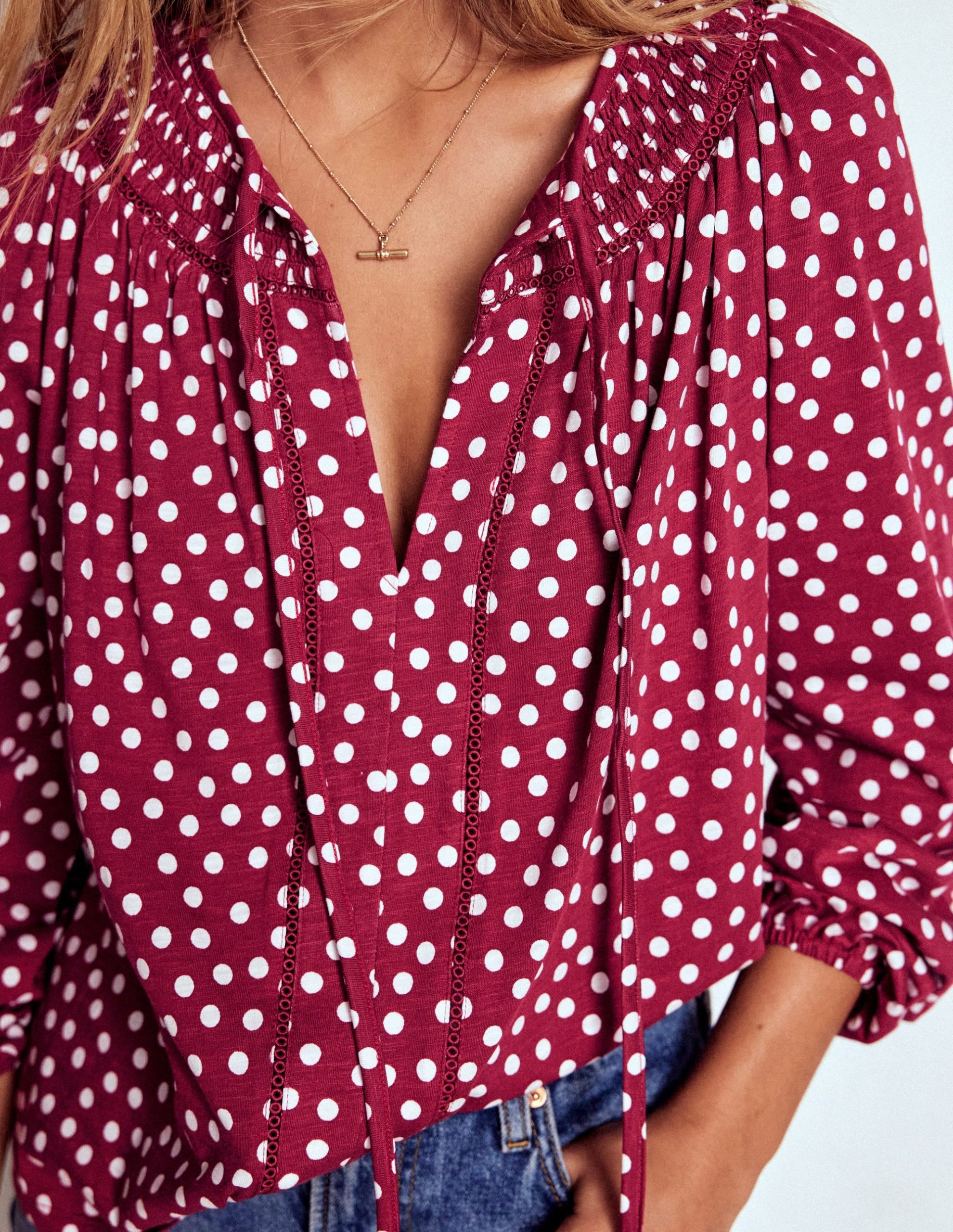 Georgia Smocked Jersey Top-Chestnut. Ivory Painted Dot - Image 2