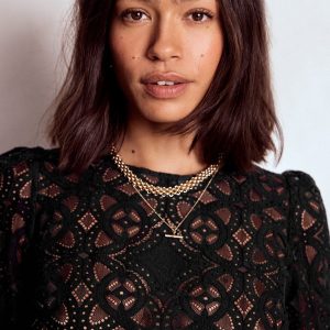 Lace Crew Neck Top-Black