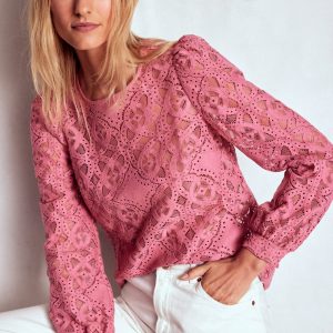 Lace Crew Neck Top-Heather Rose