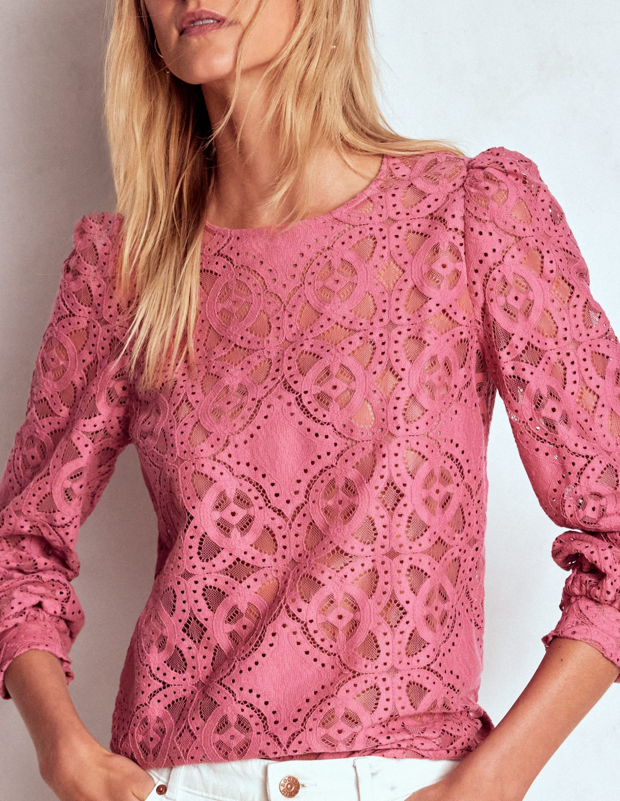 Lace Crew Neck Top-Heather Rose - Image 2