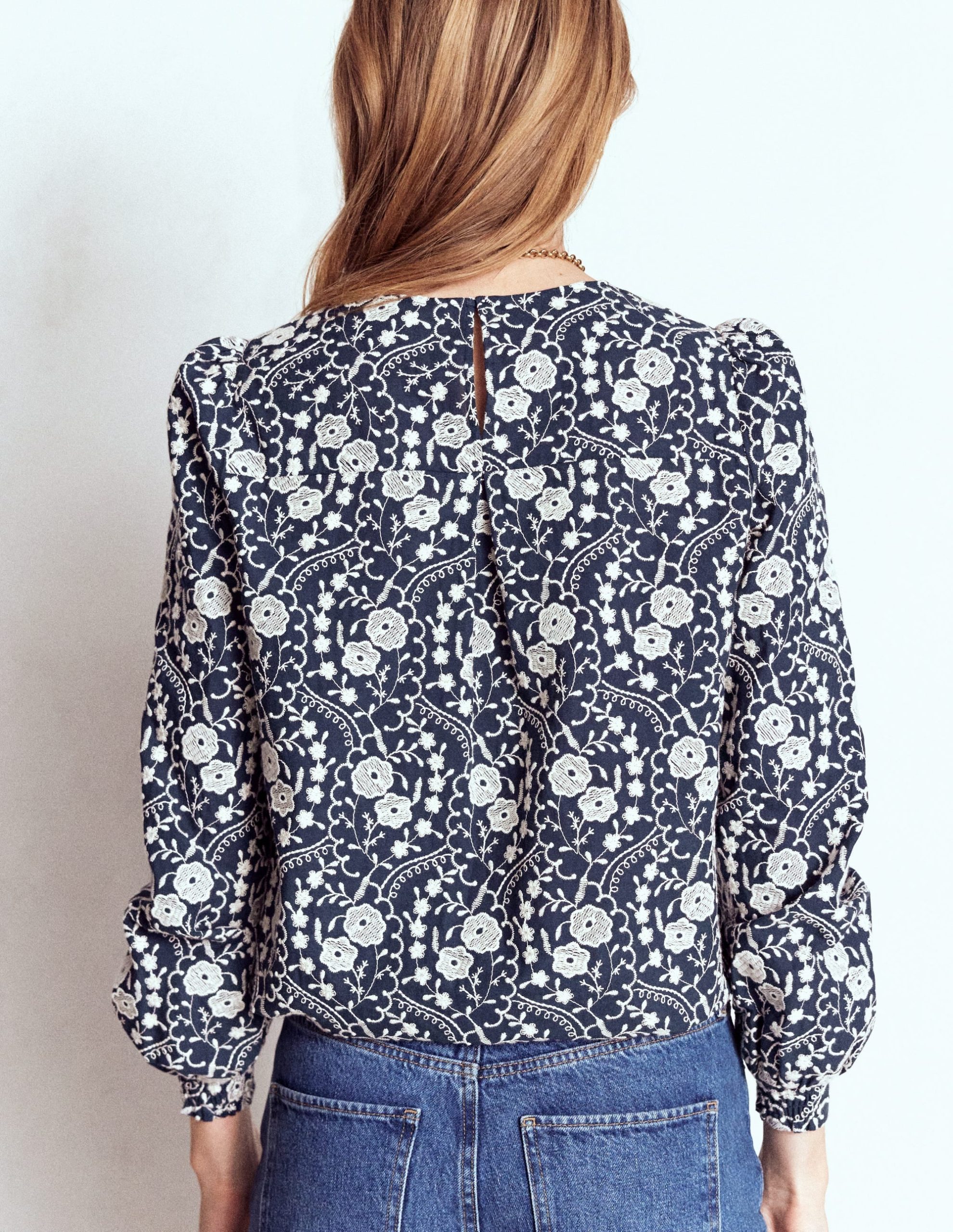 Embroidered Cotton Dobby Top-Navy - Image 3
