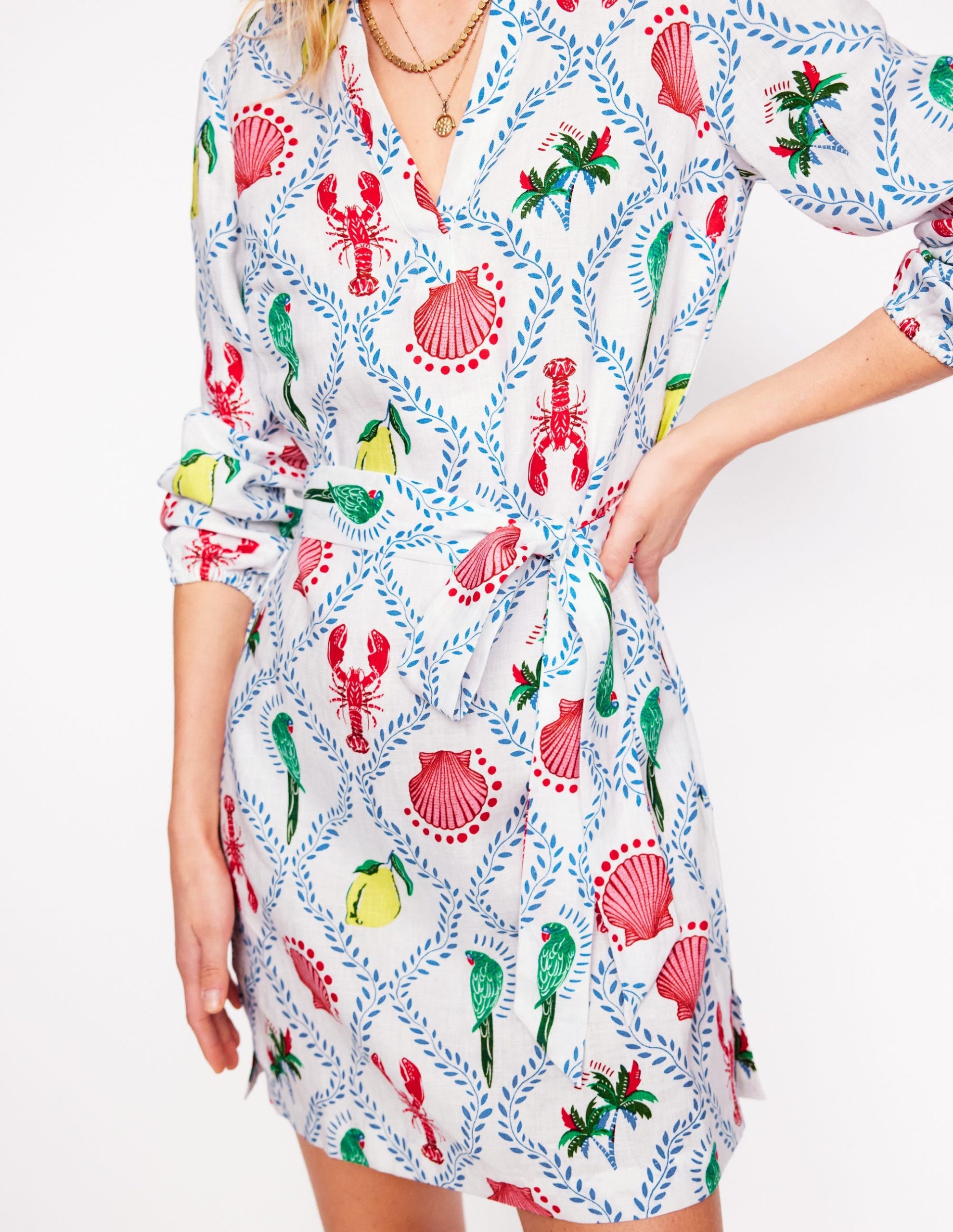 Cleo Linen Tie Waist Dress-Ivory. Tropical Bonanza Vine - Image 2