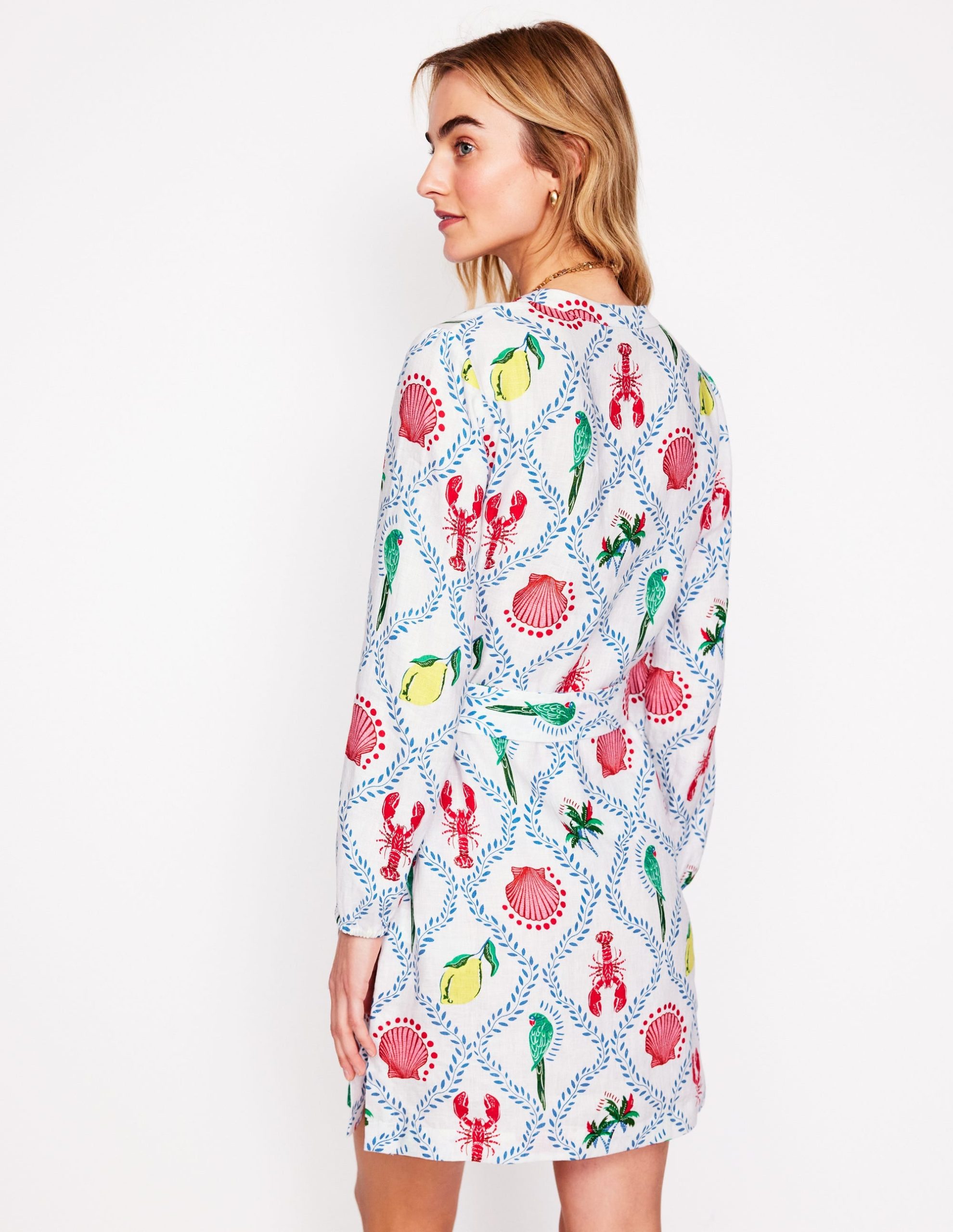 Cleo Linen Tie Waist Dress-Ivory. Tropical Bonanza Vine - Image 3