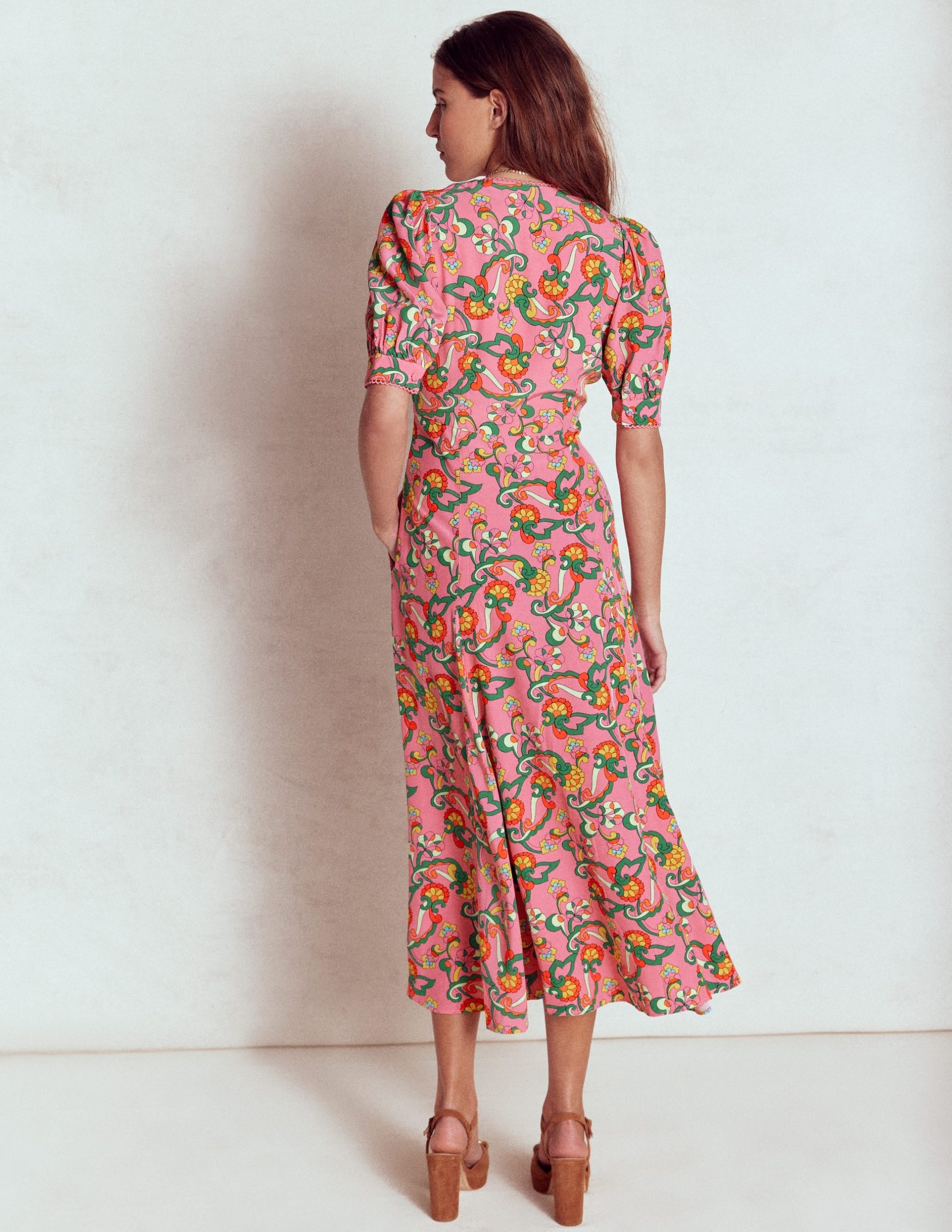 Rosie Godet Tea Dress-Pink Rose. Foliage Trail - Image 3