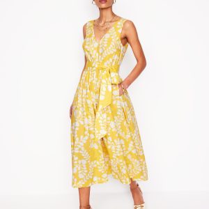 V-Neck Belted Flare Dress-Yellow. Vine Silhouette