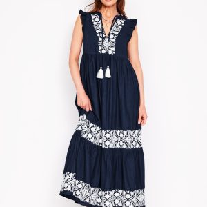 Tie Neck Tier Dress-Navy