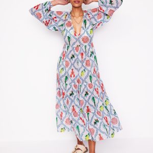 V-Neck Tiered Cotton Kaftan-Ivory. Tropical Bonanza