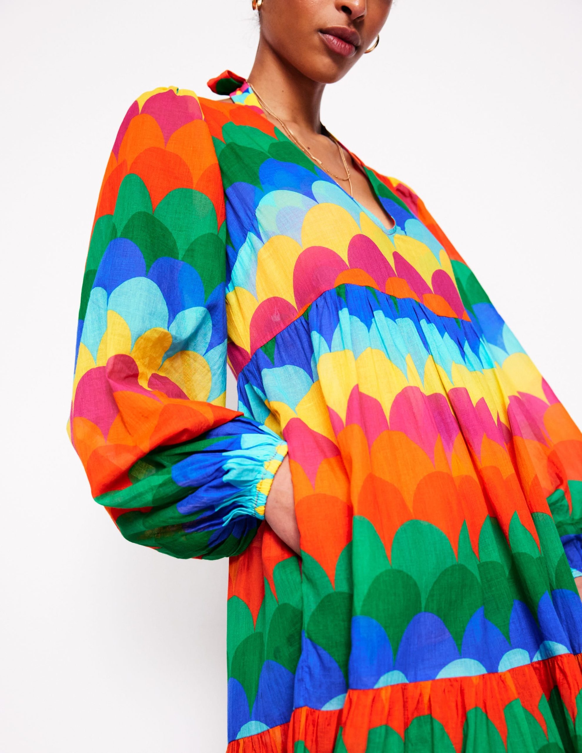 V-Neck Tiered Cotton Kaftan-Multi. Scallop Stripe - Image 2