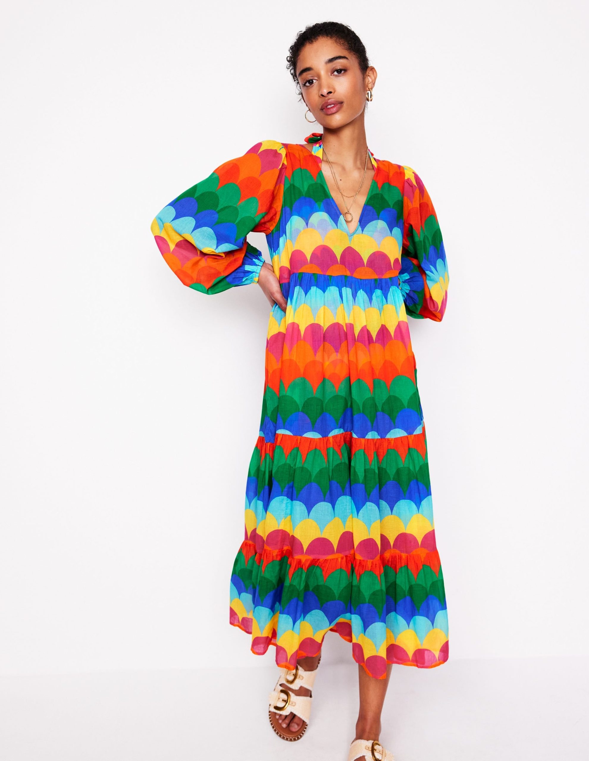 V-Neck Tiered Cotton Kaftan-Multi. Scallop Stripe - Image 5
