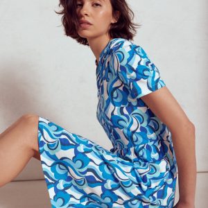 Naomi Short Sleeve Dress-Blue. Abstract Swirl