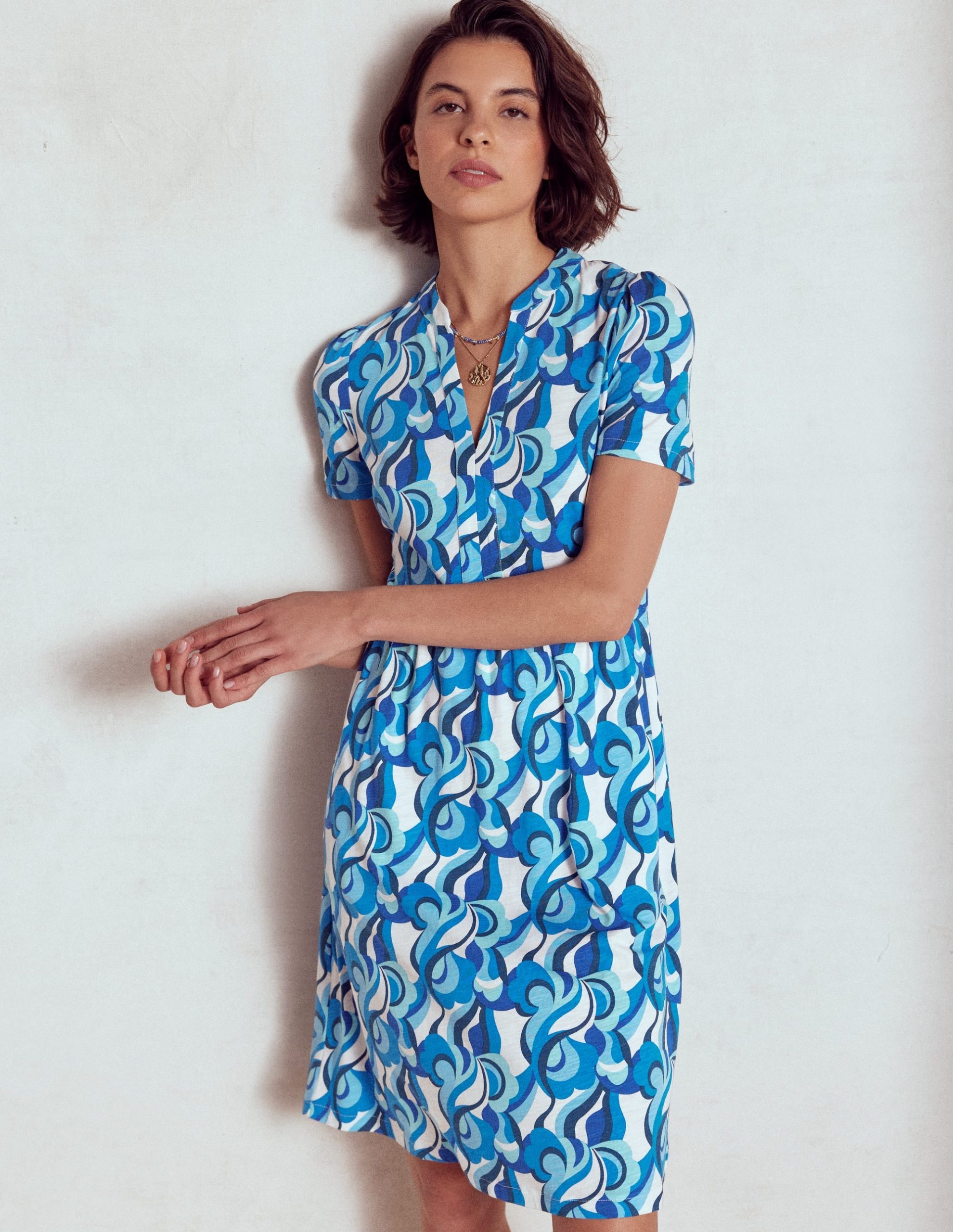 Naomi Short Sleeve Dress-Blue. Abstract Swirl - Image 4