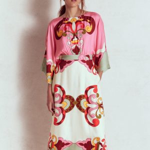 Flute Sleeve Midi Dress-Pink Rose. Ornate Reflection