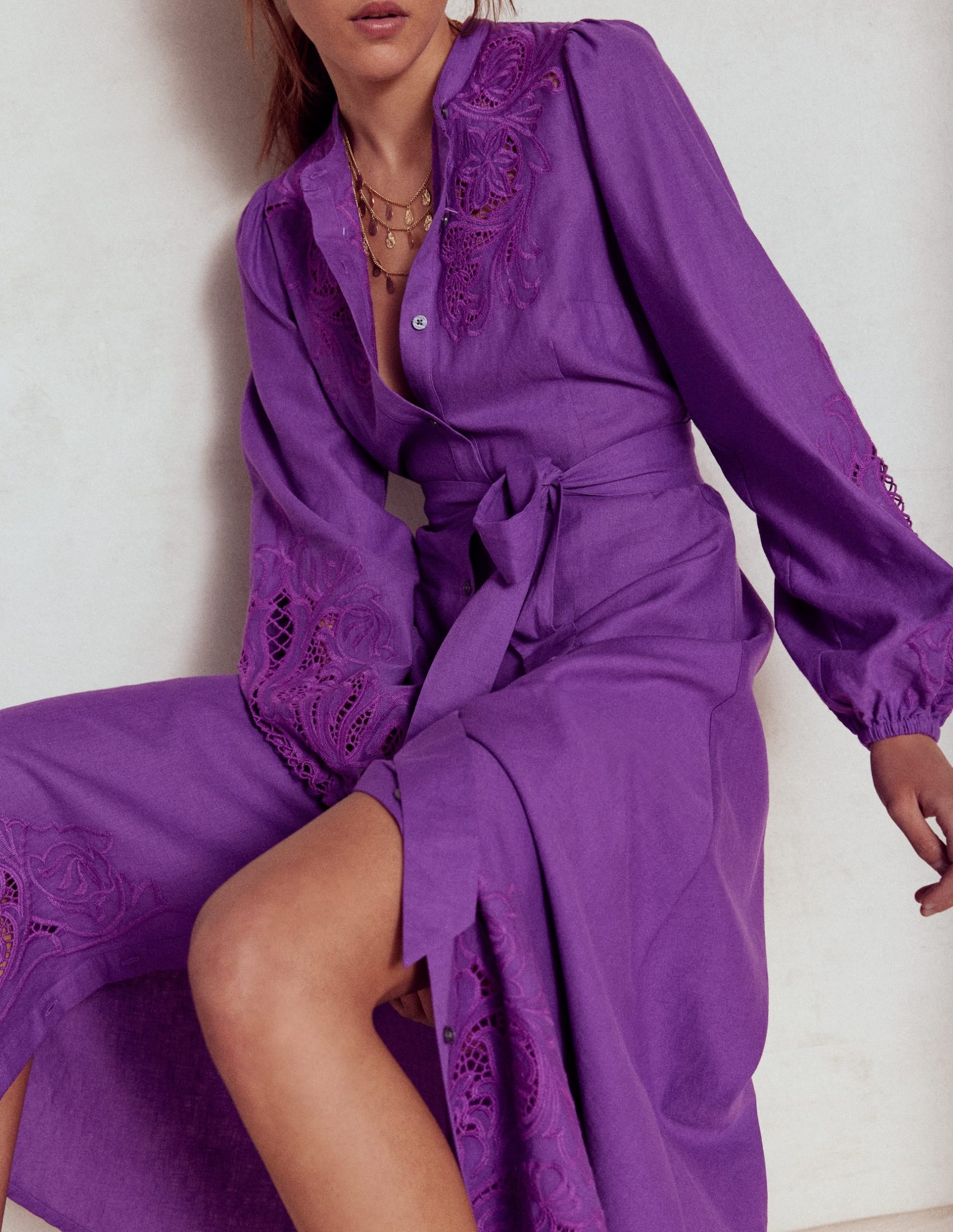 Mae Linen Blend Shirt Dress-Royal Purple - Image 3