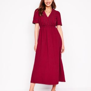 Trim Double Cloth Dress-Garnet Red