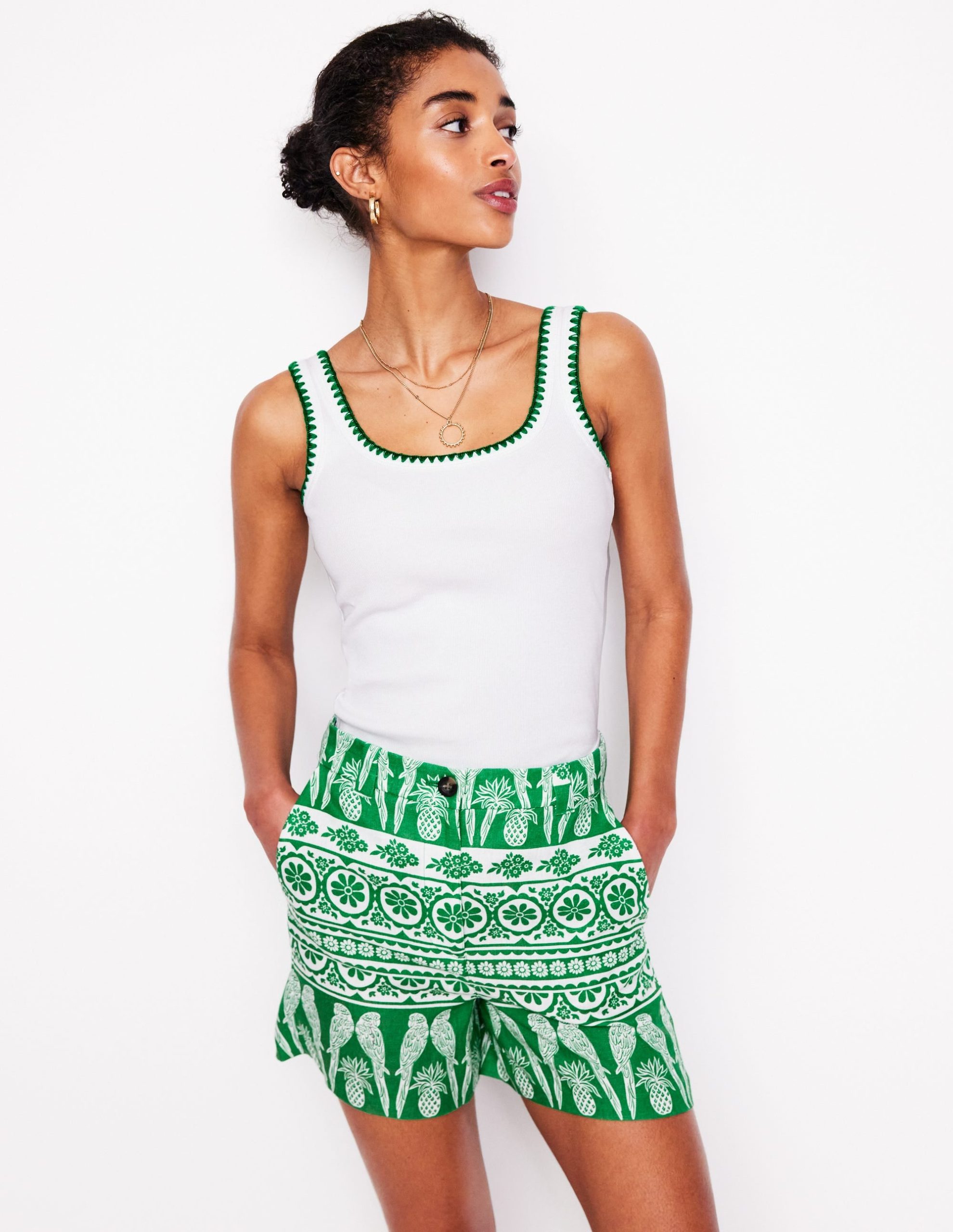 Westbourne Linen Shorts-Rich Emerald. Ornate Tropics