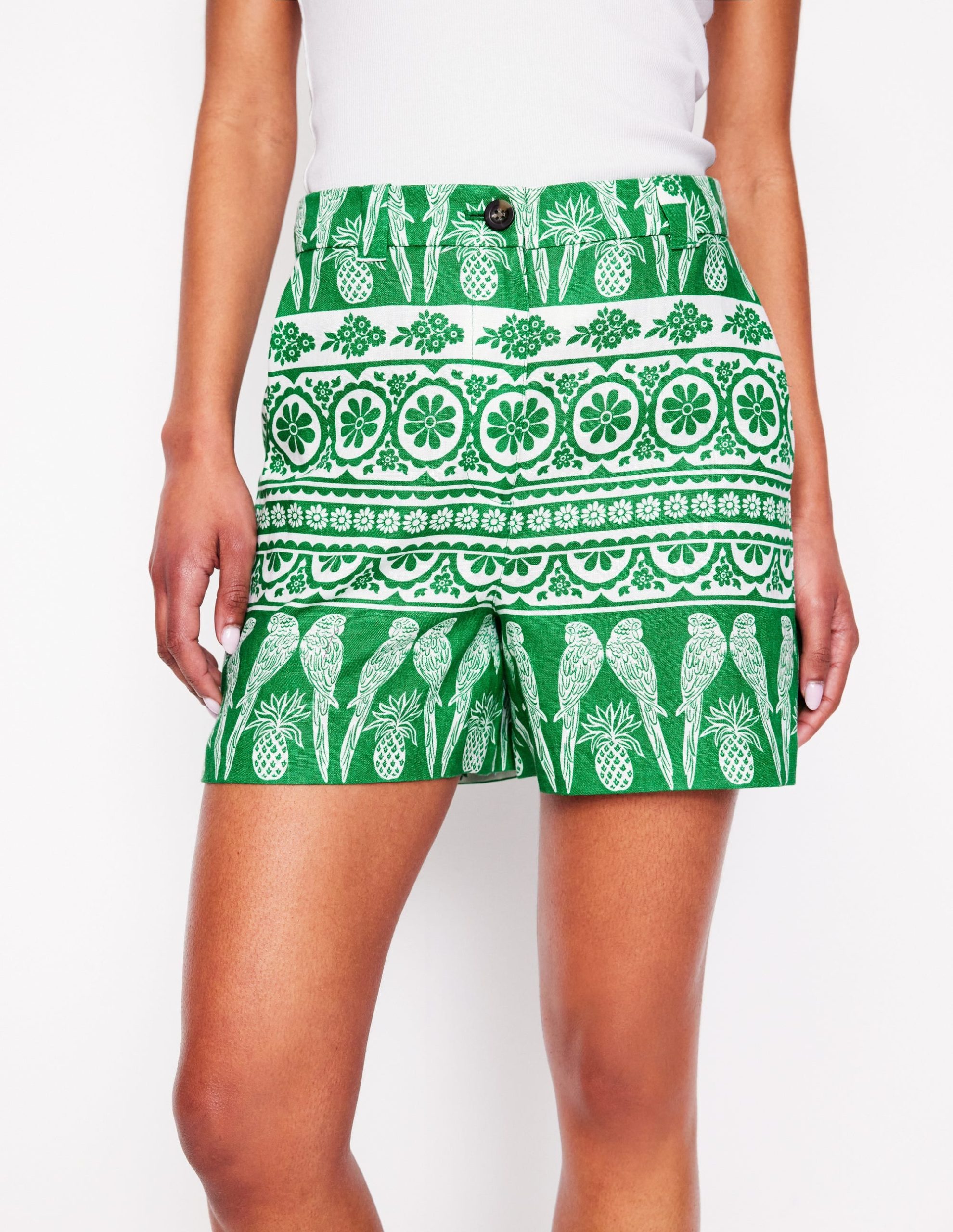 Westbourne Linen Shorts-Rich Emerald. Ornate Tropics - Image 2