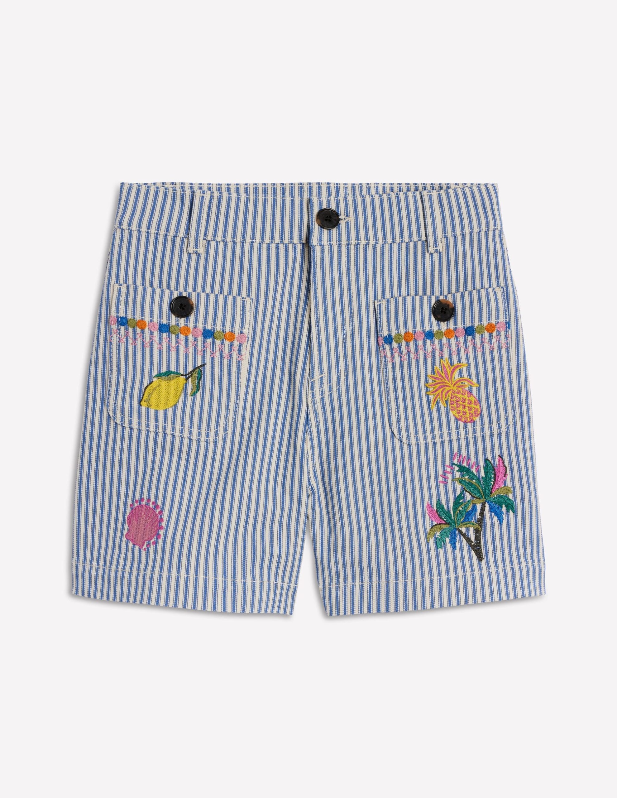 Pocket Front Denim Shorts-Ticking Stripe Embroidery - Image 7