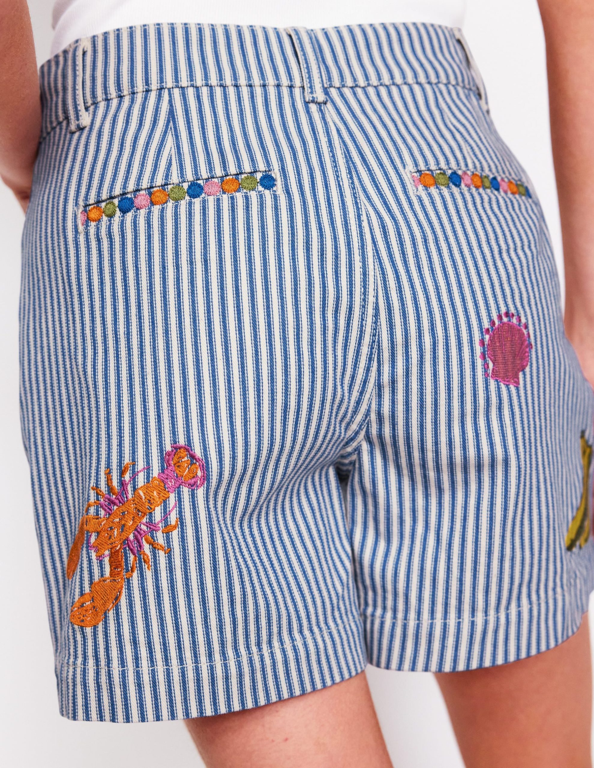 Pocket Front Denim Shorts-Ticking Stripe Embroidery - Image 2
