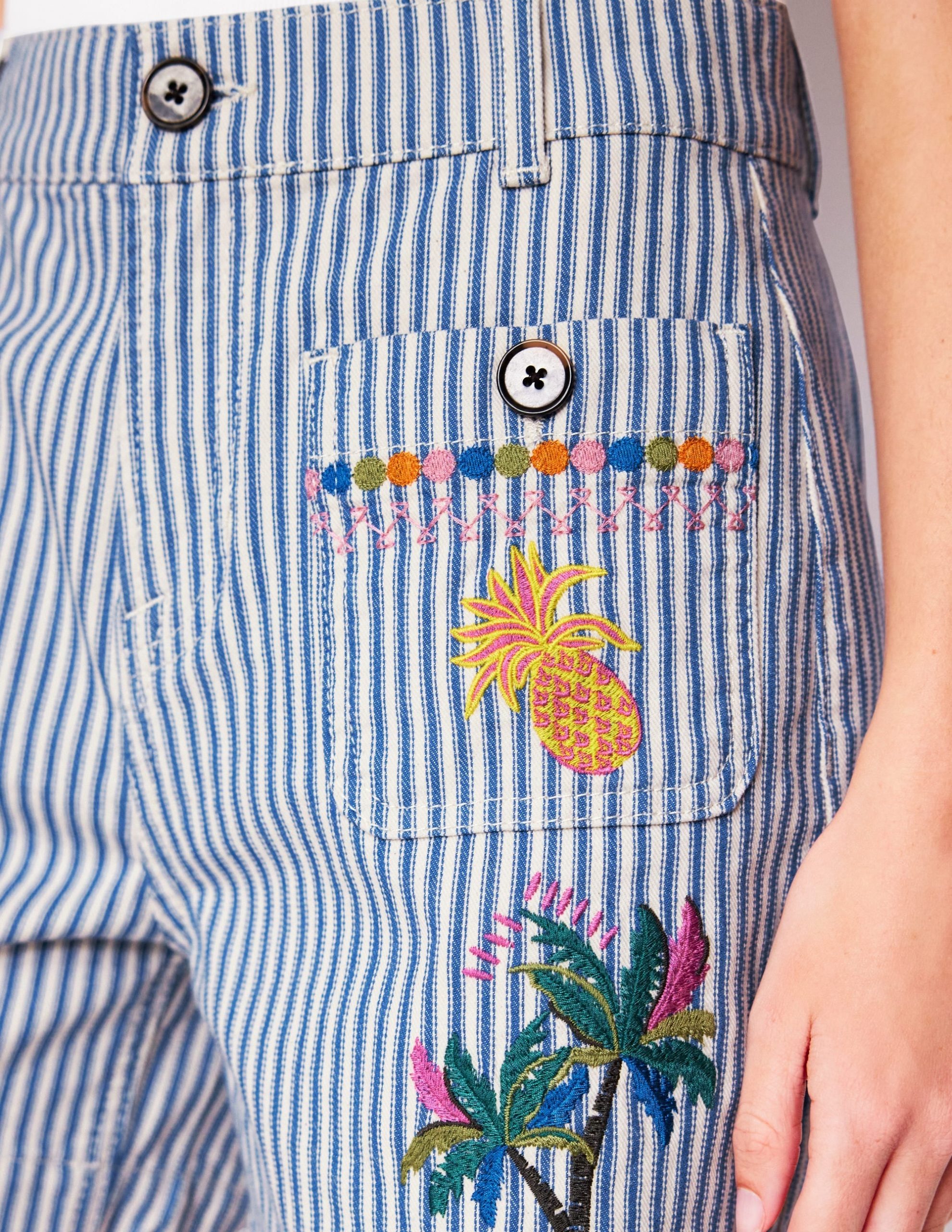 Pocket Front Denim Shorts-Ticking Stripe Embroidery - Image 3