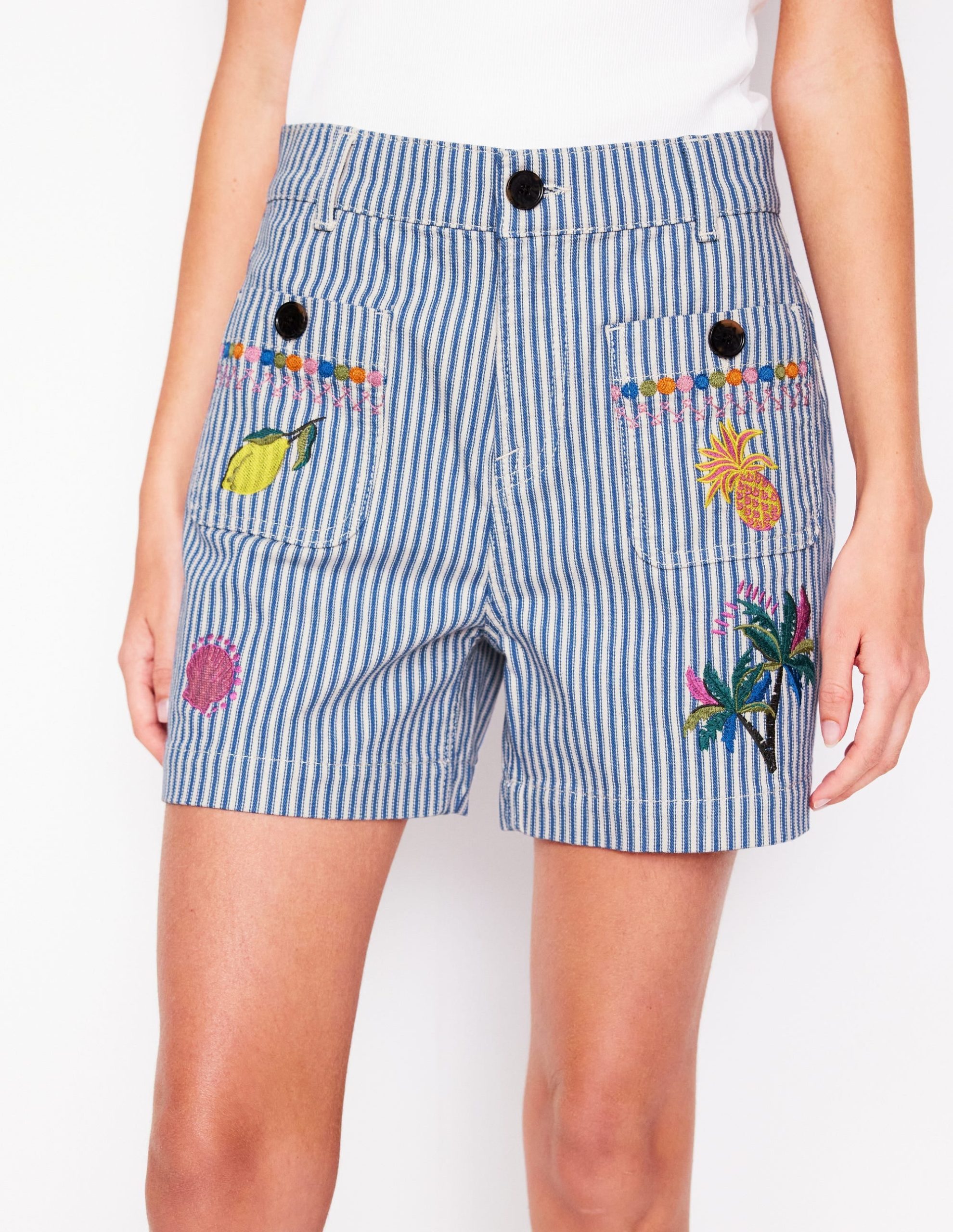 Pocket Front Denim Shorts-Ticking Stripe Embroidery - Image 5