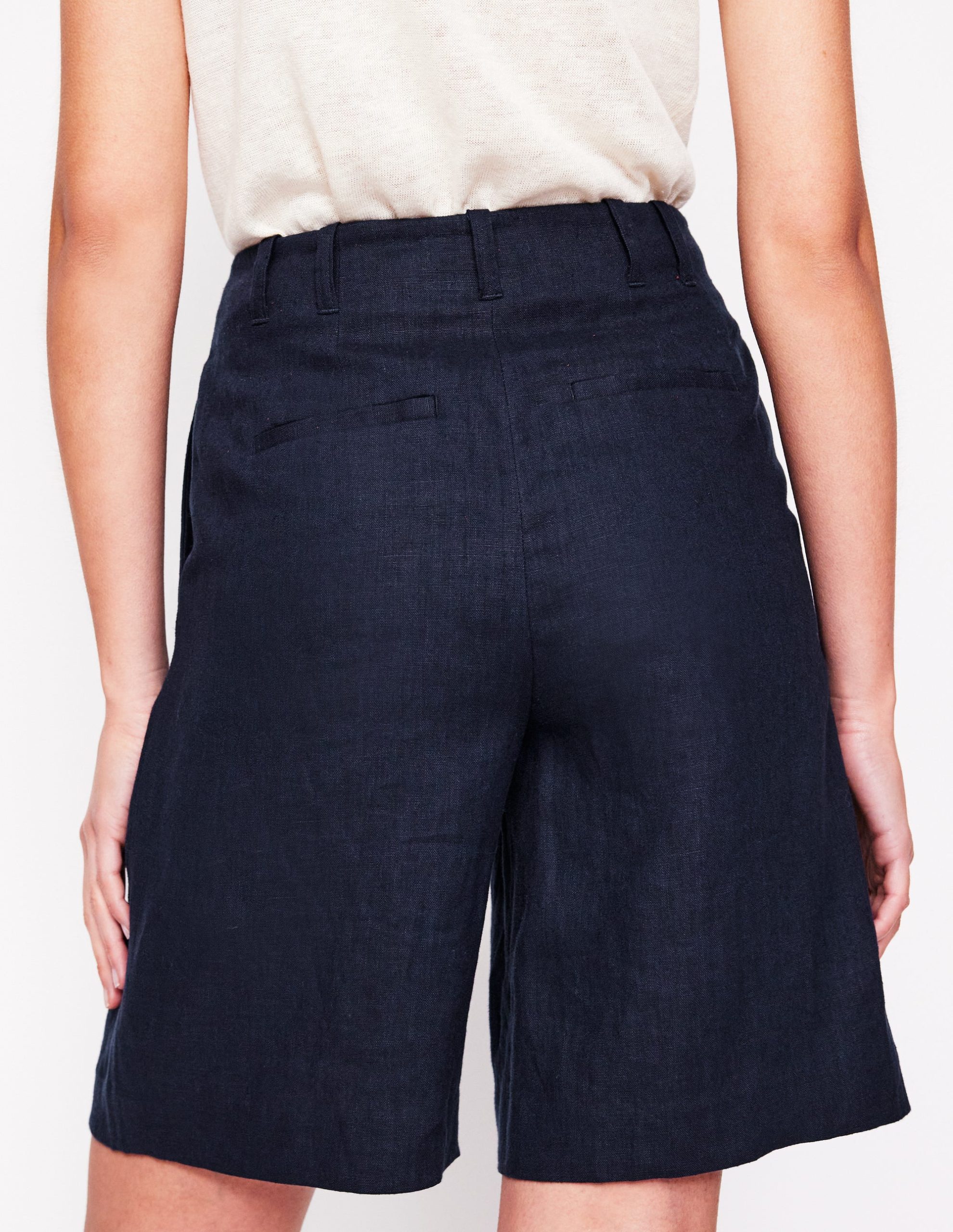 Pleat Linen Wide Leg Shorts-Navy - Image 3