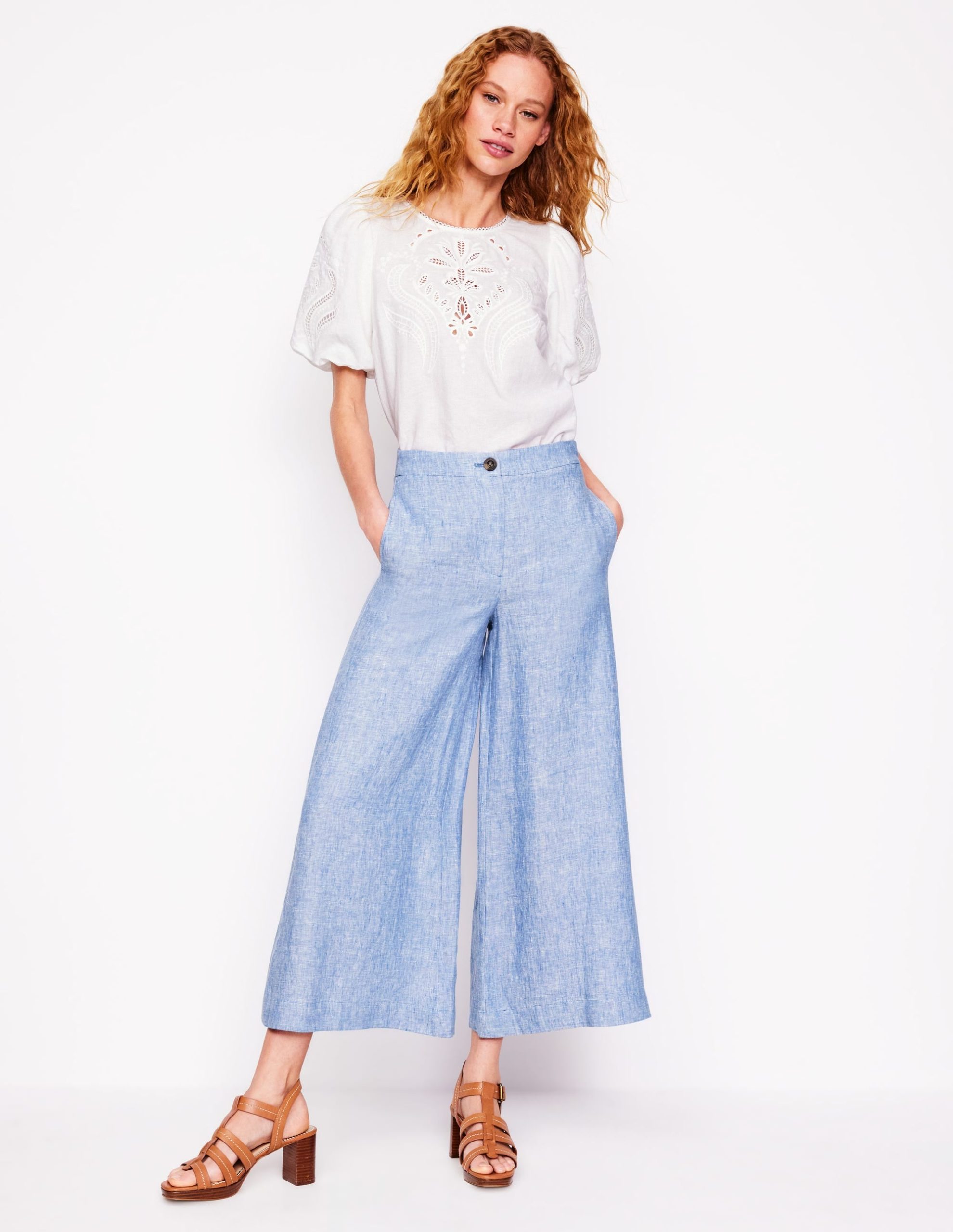 Wide Crop Linen Pants-Grey Blue Chambray
