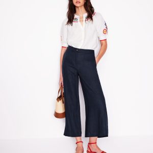 Wide Crop Linen Pants-Navy
