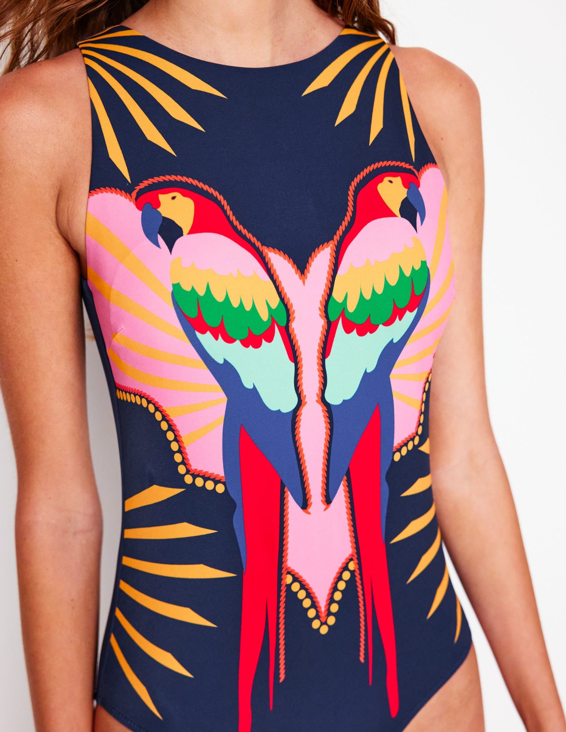 Slash Neck Tie Swimsuit-Navy Paradise Parrot - Image 3