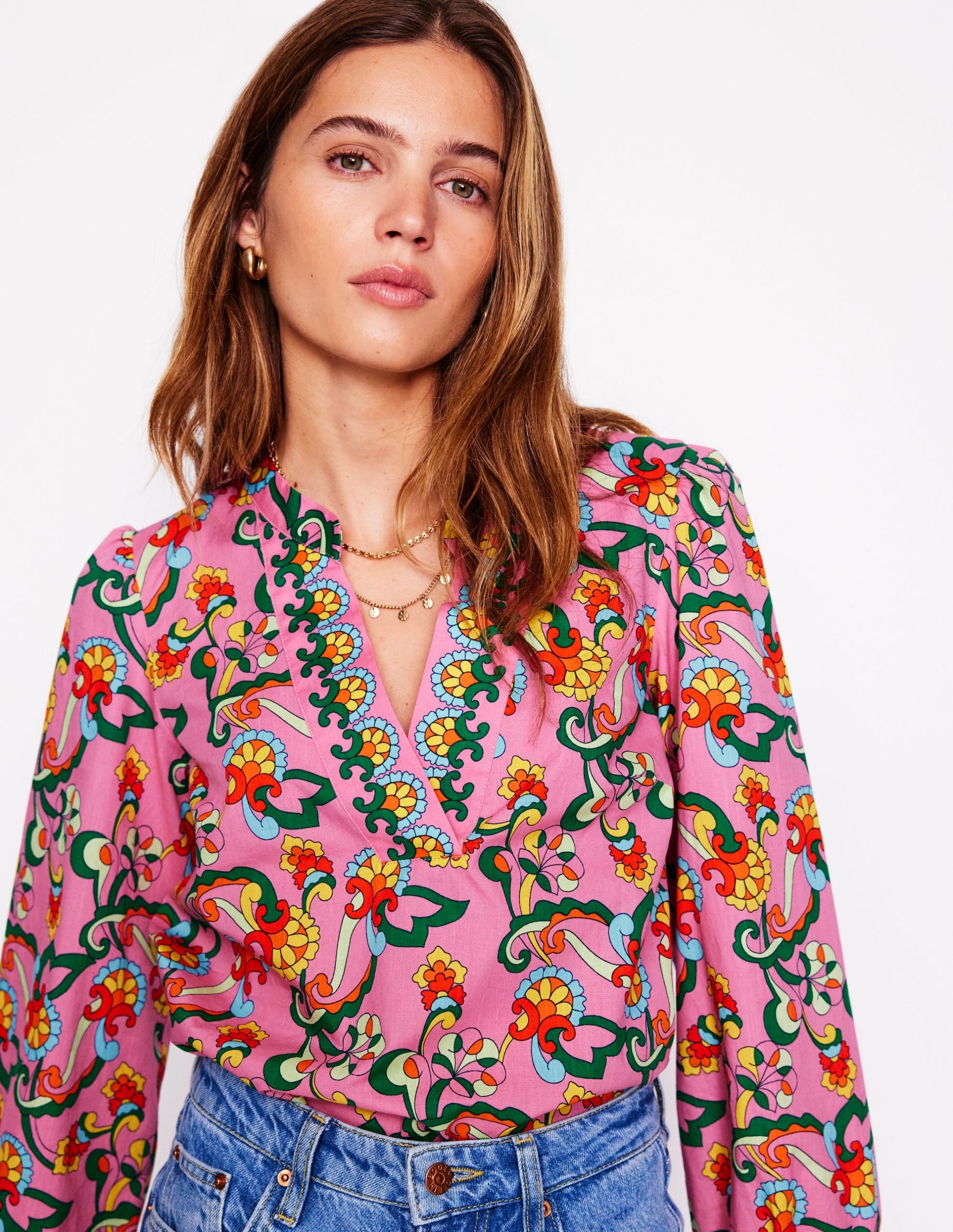 Cotton Notch Neck Top-Pink Rose. Foliage Trail - Image 2