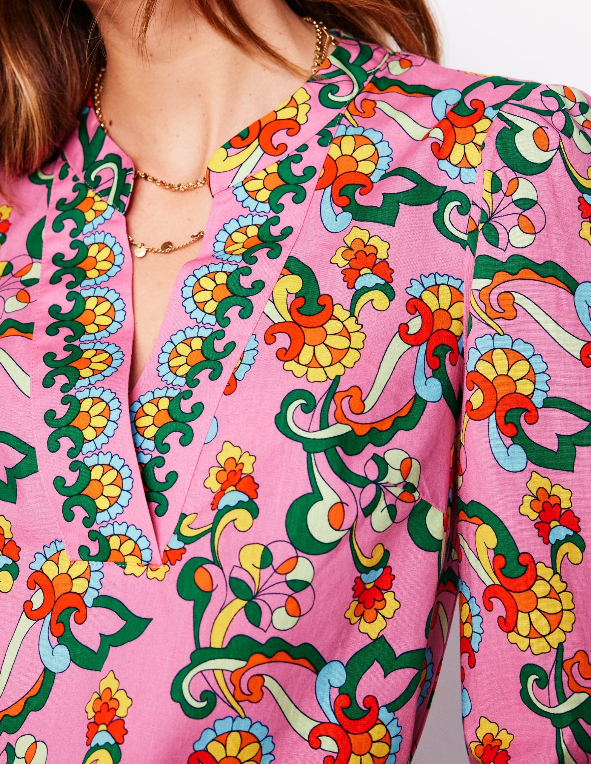 Cotton Notch Neck Top-Pink Rose. Foliage Trail - Image 3