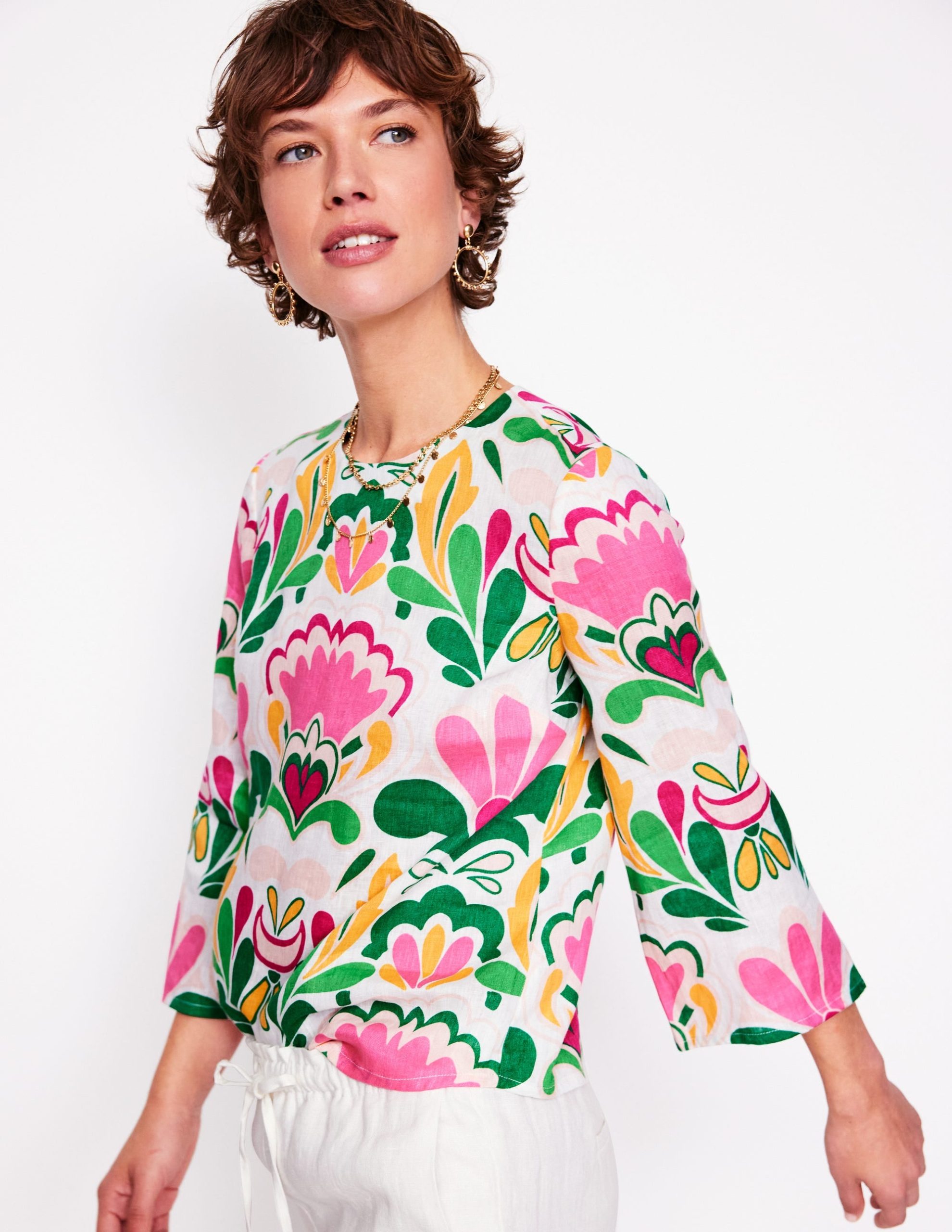 Fluted Sleeve Linen Top-Multi. Freesia Stamp