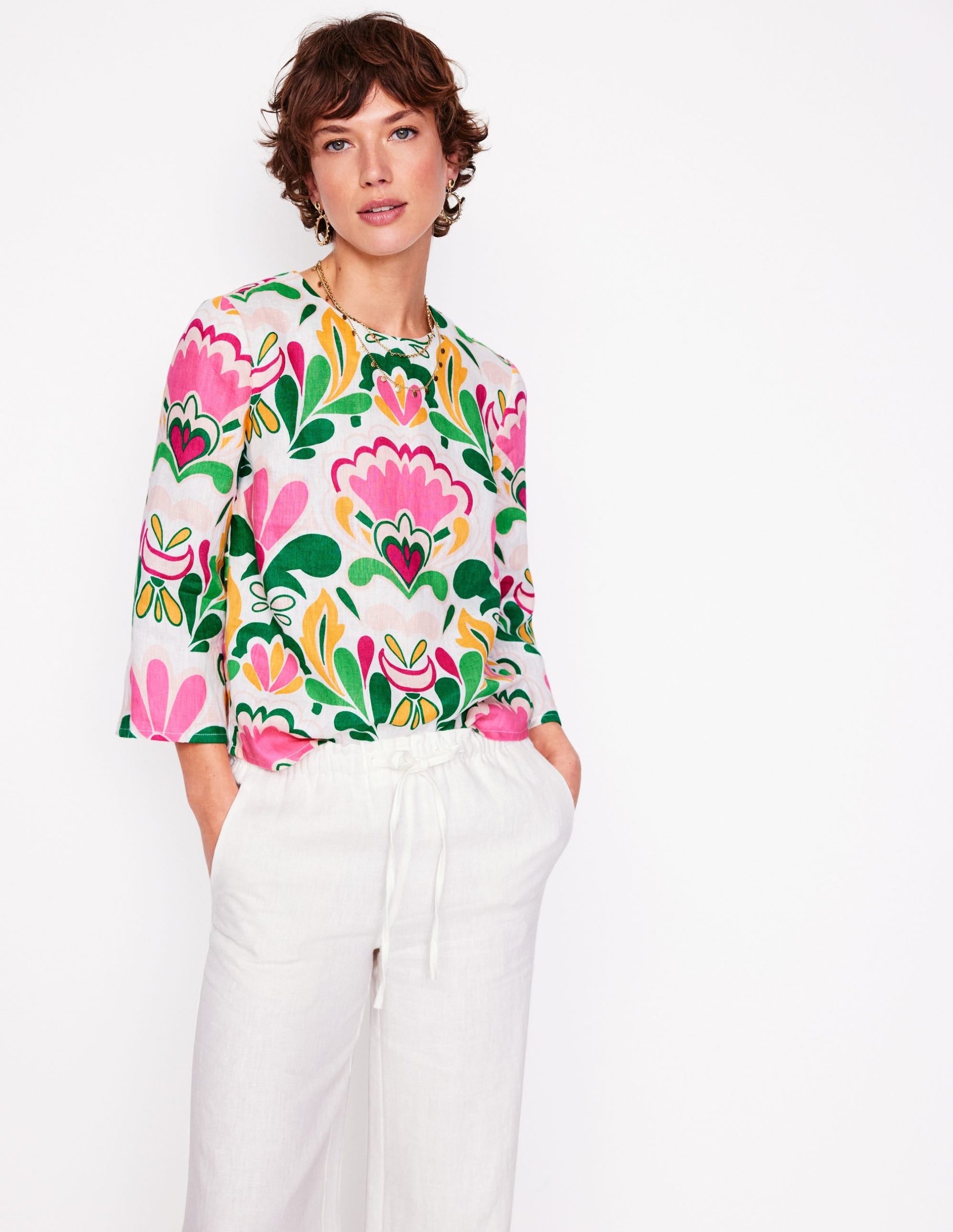 Fluted Sleeve Linen Top-Multi. Freesia Stamp - Image 5