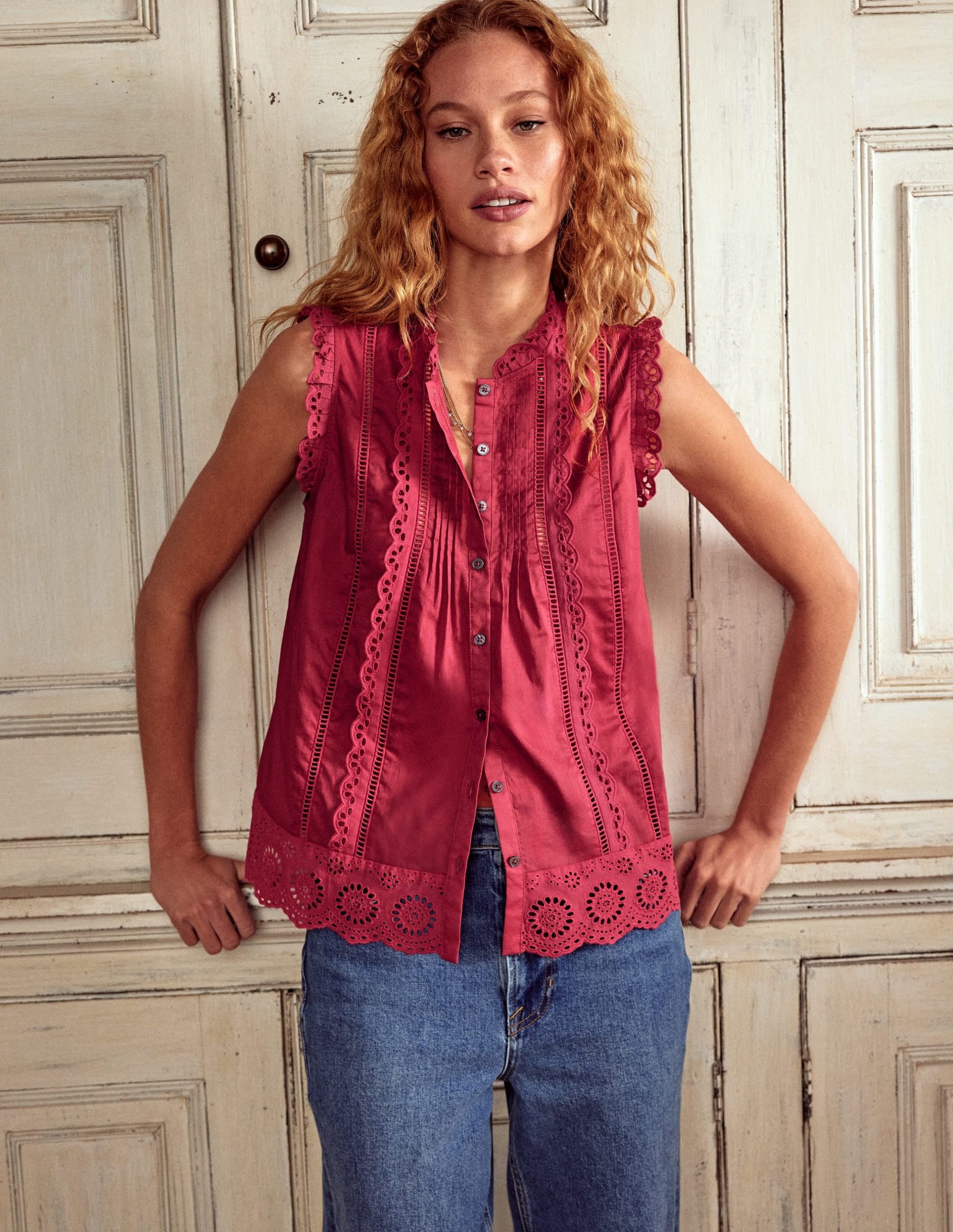 Sleeveless Broderie Top-Terracotta Red