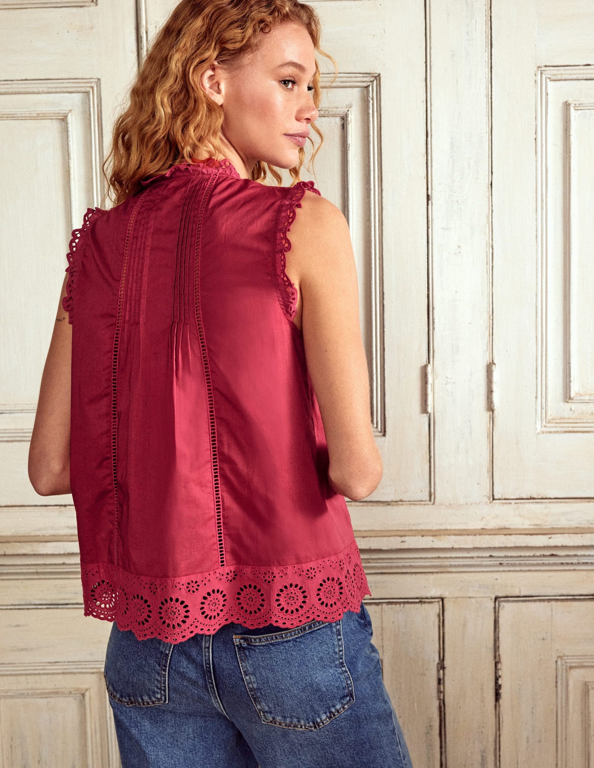 Sleeveless Broderie Top-Terracotta Red - Image 3
