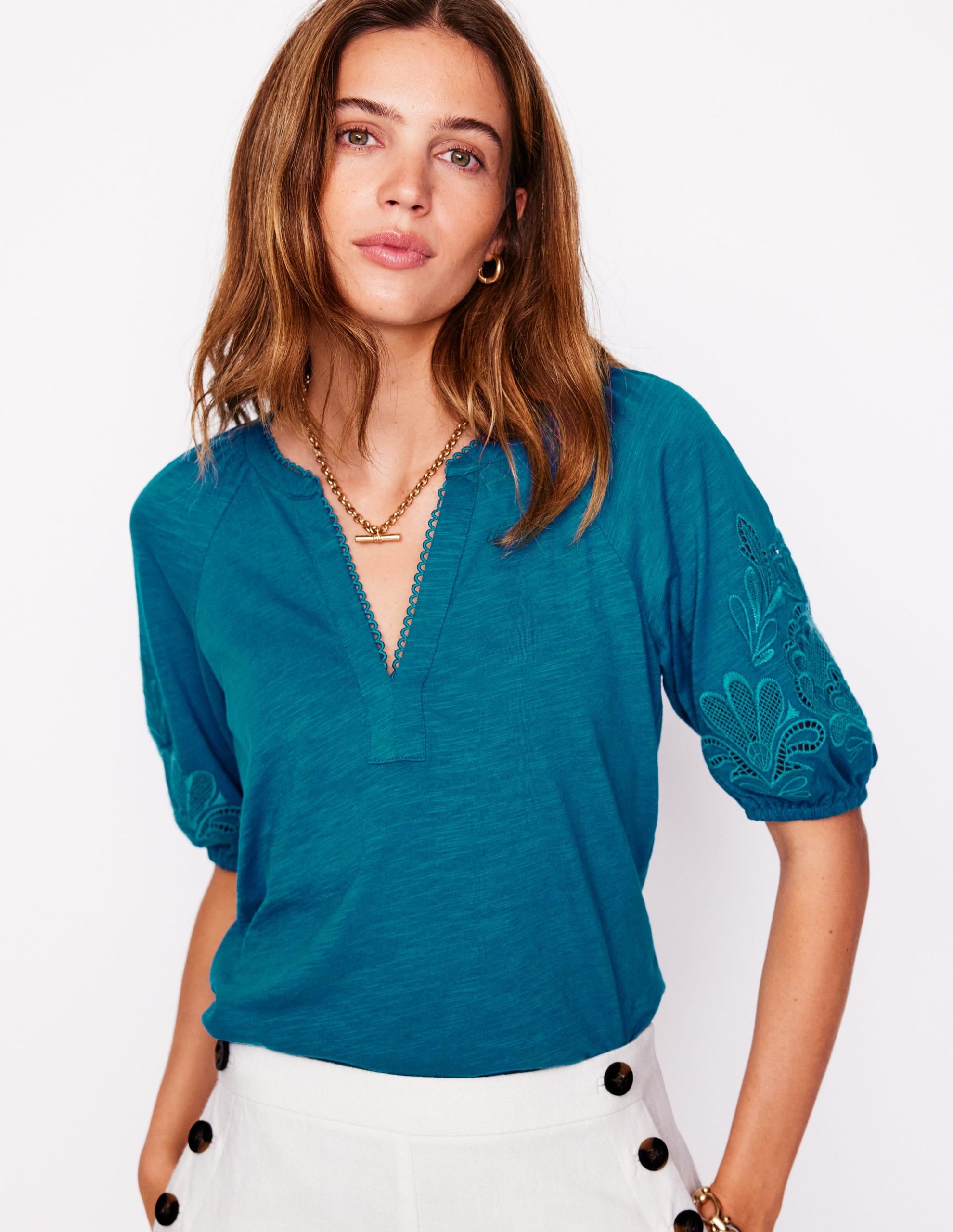 Cutwork Notch Neck Top-Deep Sea Green - Image 4