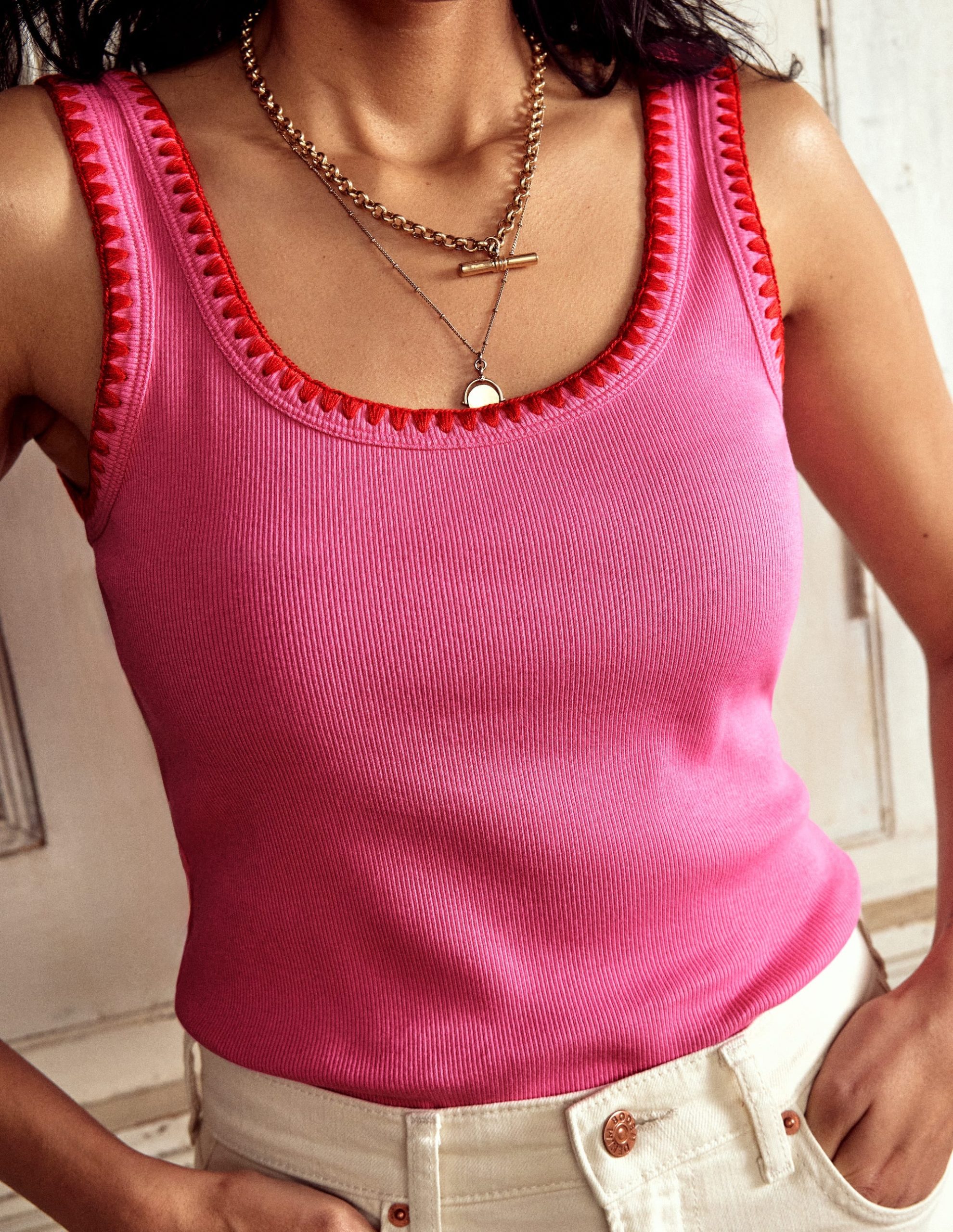 Crochet Trim Tank Top-Pink - Image 2
