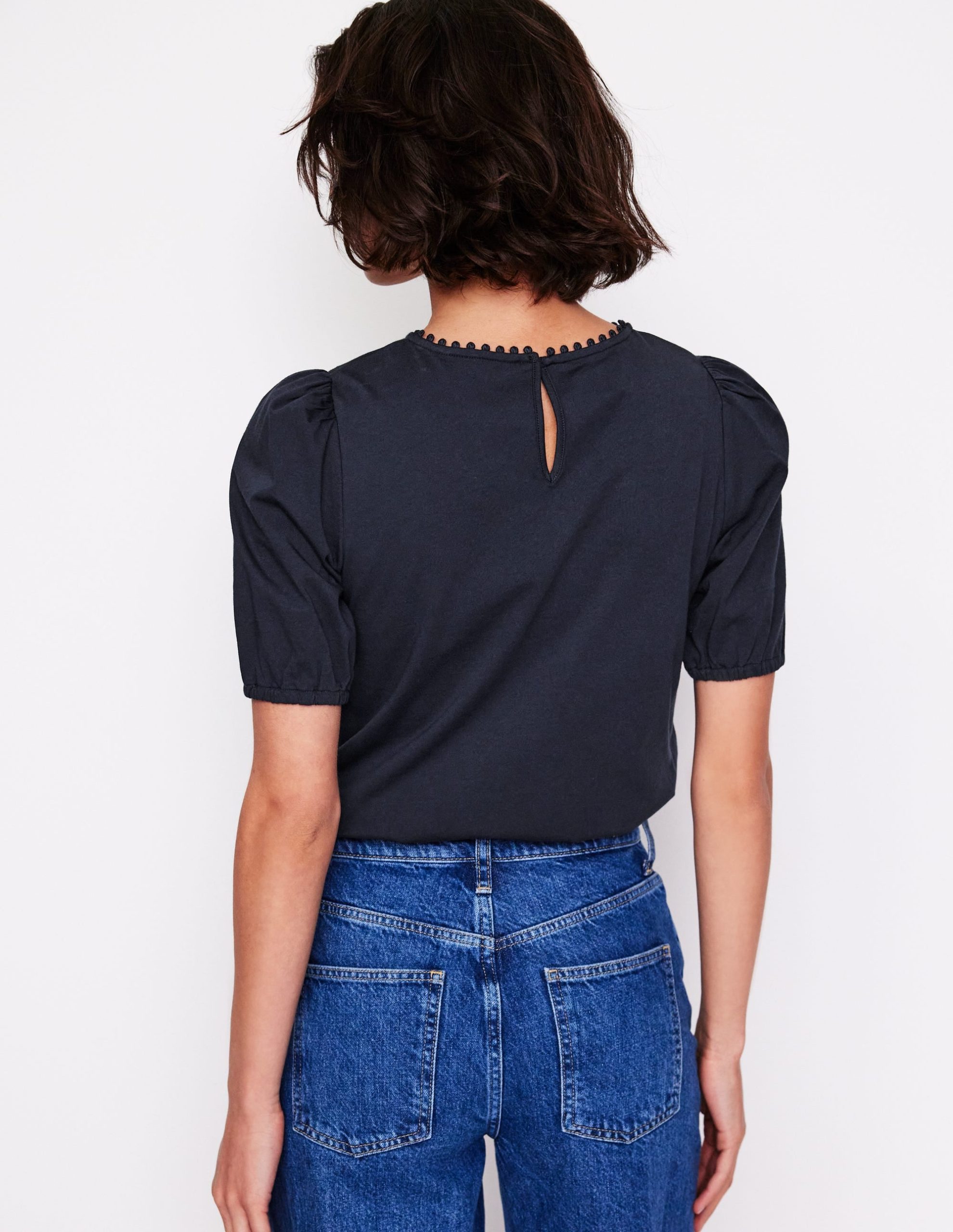 Cutwork Puff Sleeve T-Shirt-Navy - Image 3